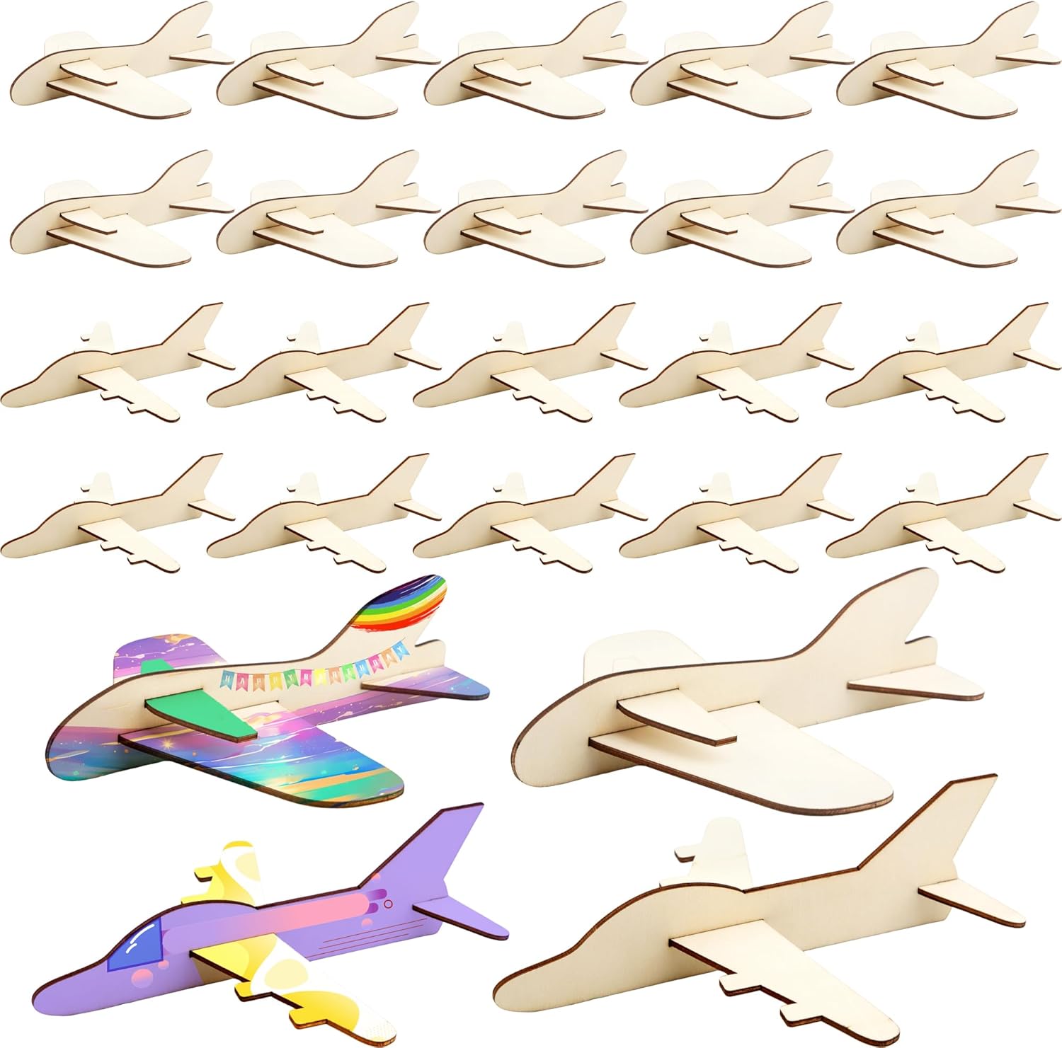 Haconba 24 Pack Wooden Craft Airplanes Unfinished Paintable DIY Wood Plane Model for Kids DIY Handicraft Activities (Color Style 2)