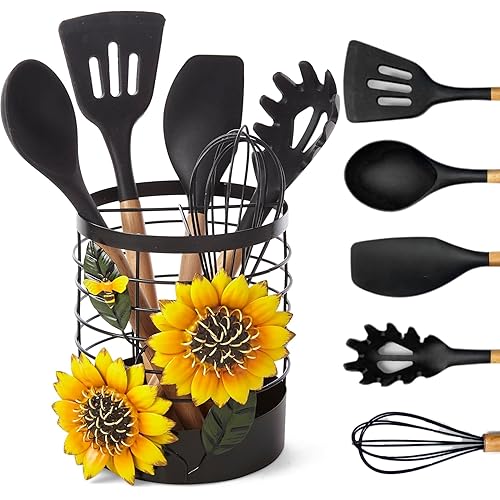 LOWA Dezine's Sunflower Utensil Holder with Silicone Cooking Utensils Set (5pc) with Wooden Handles, Kitchen Utensil Organizer for Countertop, Cute Utensil Caddy, Farmhouse Kitchen Counter Decor