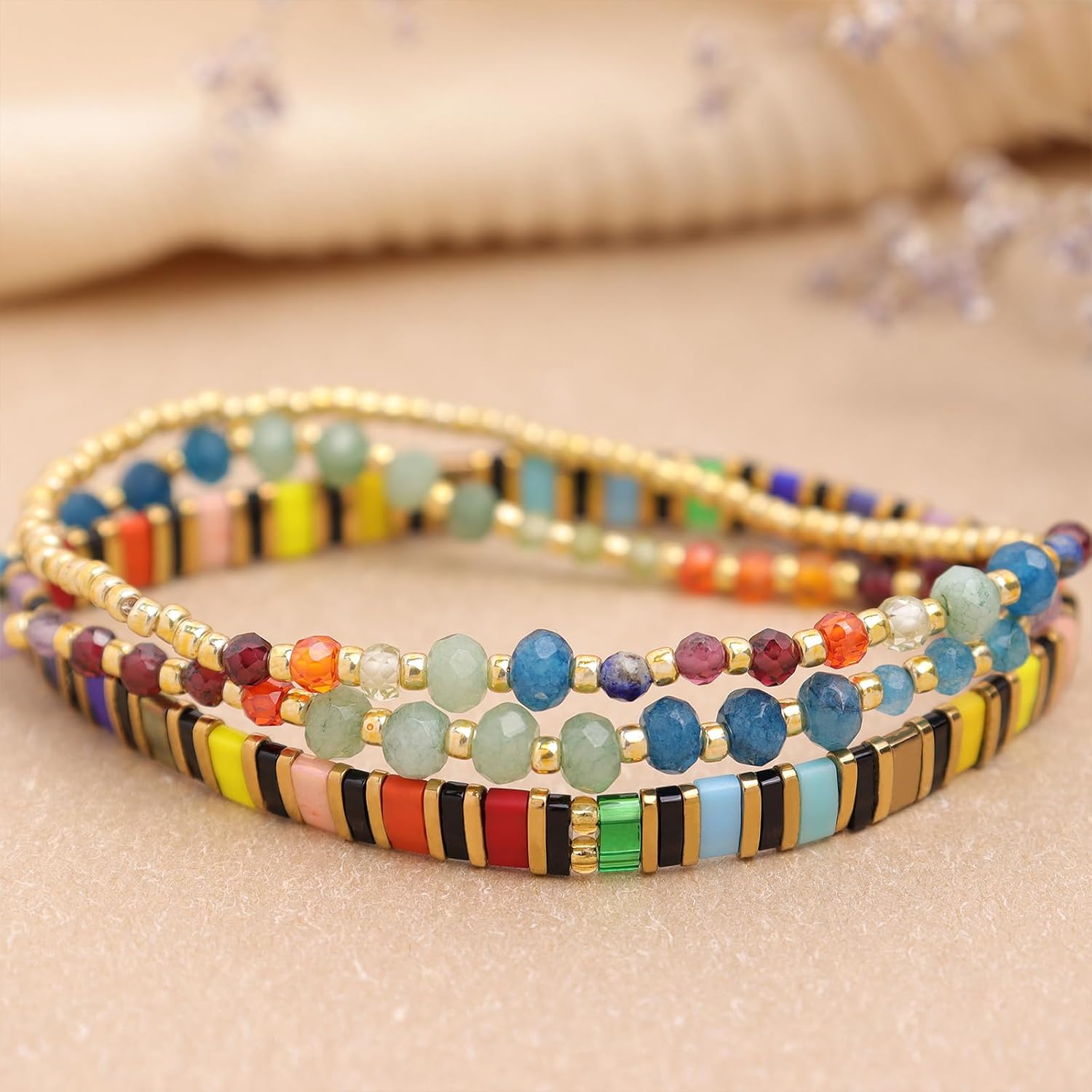 Tila Flat Gold Beaded Bracelets Stack Set for Women, Boho Colorful Handmade Gemstone Miyuki Glass Beads Stretch Festive Holiday Accessories Jewelry Gift. - Image 6