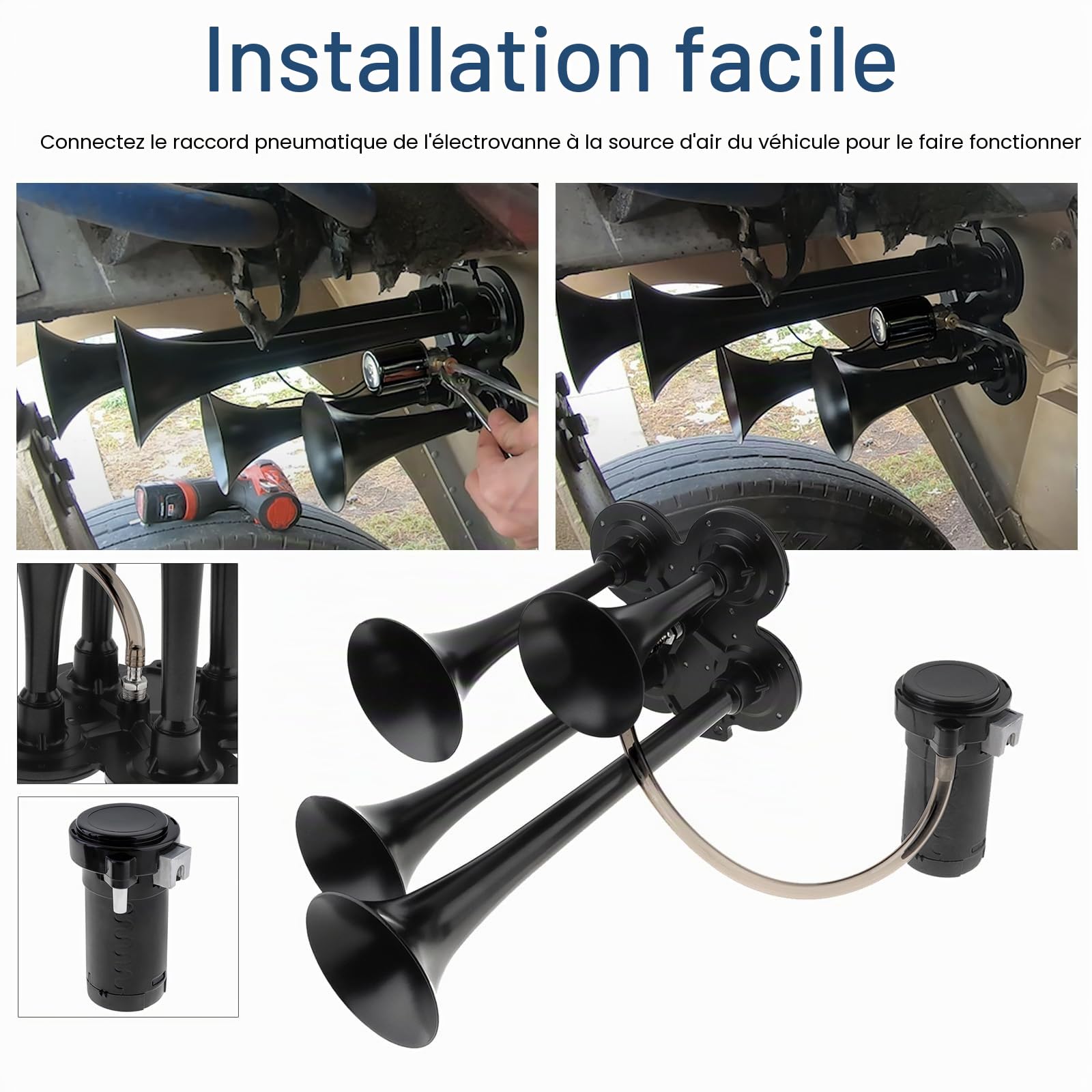 Kit de klaxons de train, 4 trompettes, super puissants 185 dB, compatibles avec véhicules 12 V, noir en alliage de zinc