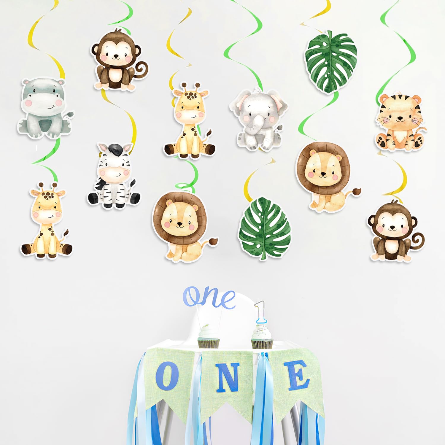 Wild One wiszące zawijasy sufitowe serpentyny dekoracje dla chłopców dzieci 24 szt. dżungla, safari, zwierzę, dekoracja na przyjęcie urodzinowe, baby shower, artykuły imprezowe, dekoracja pokoju