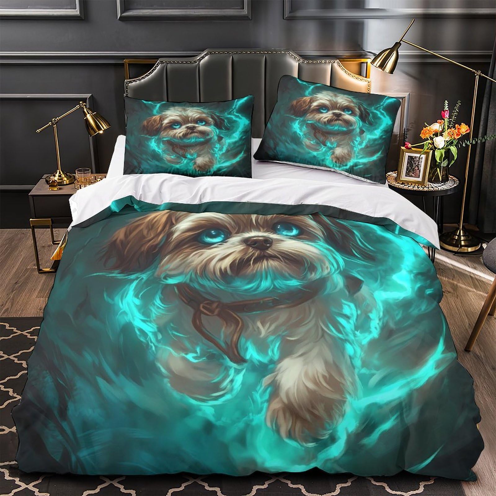 Housse de couette chien mignon 3d parure lit microfibre camping rétro ado fille double 200x200cm