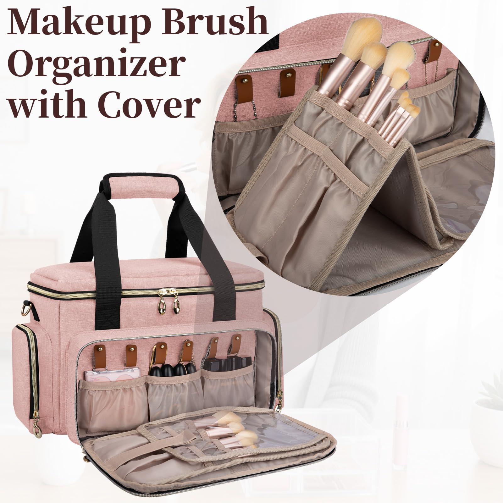 GDNasist Grande borsa di trucco, borsa portatile di trucco di viaggio, rosa, 13.58" L * 7.87" W * and 9.45" H, Classico