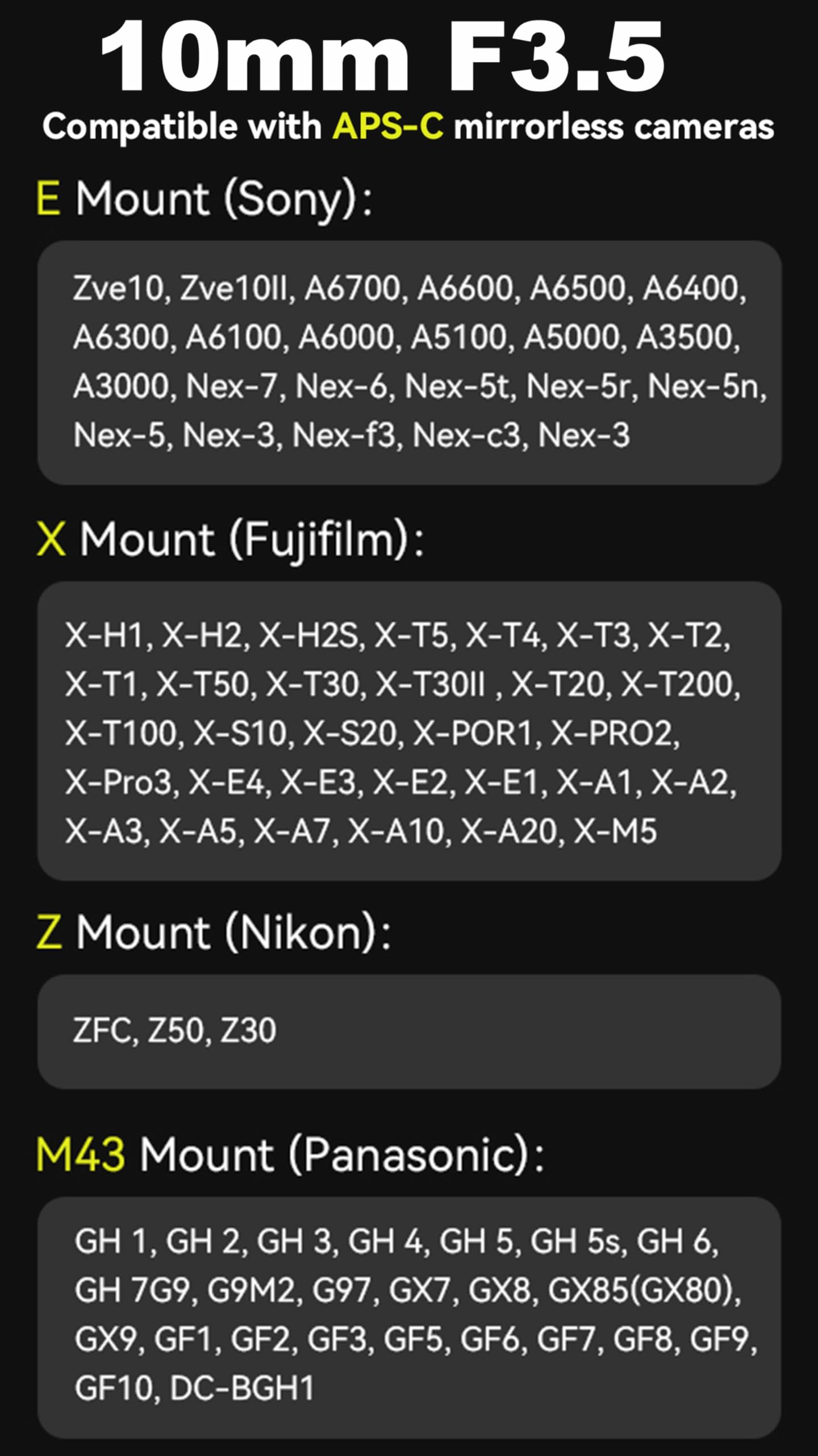 7Artisans 10mm F3.5 ultra grande angolo M43-Mount obiettivo, 108° APS-C messa a fuoco manuale obiettivo, compatibile con M4/3-Mount GH 1, GH 5,GX8, GF1,GF6, GF7, GF8,DC-BGH1 Alpha 7 IV