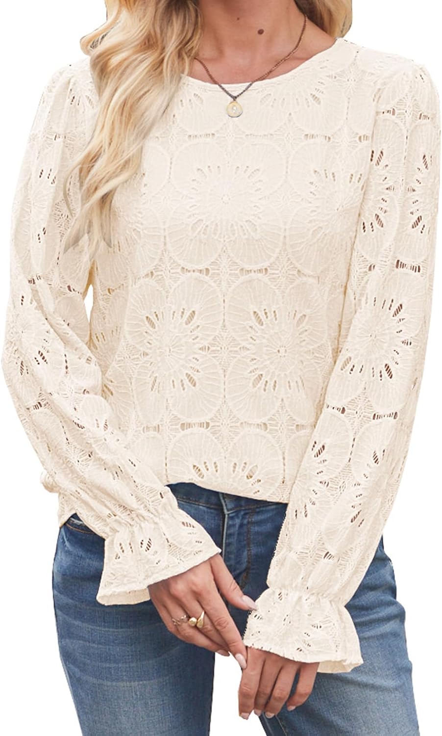 Halife Womens Blouses Eyelet Lace Dressy Elegant Long Sleeve Embroidered Tops Fall Fashion Clothes - Image 3