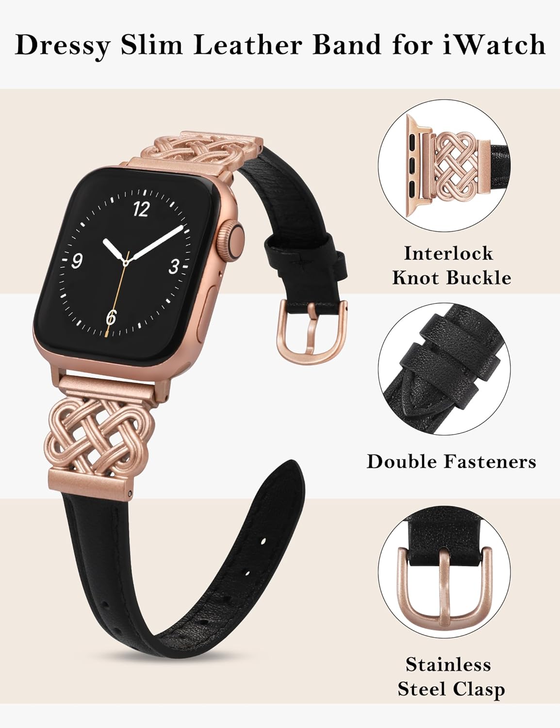 TOYOUTHS Compatible with Apple Watch Bands Women 38/40/41/42mm Dressy Slim Thin Leather Strap with Celtic Knot Interlock Buckle Bracelet for iWatch Series 11 10 9 8 7 6 5 4 SE 3 2 1, Black/Rose Pink - Image 2
