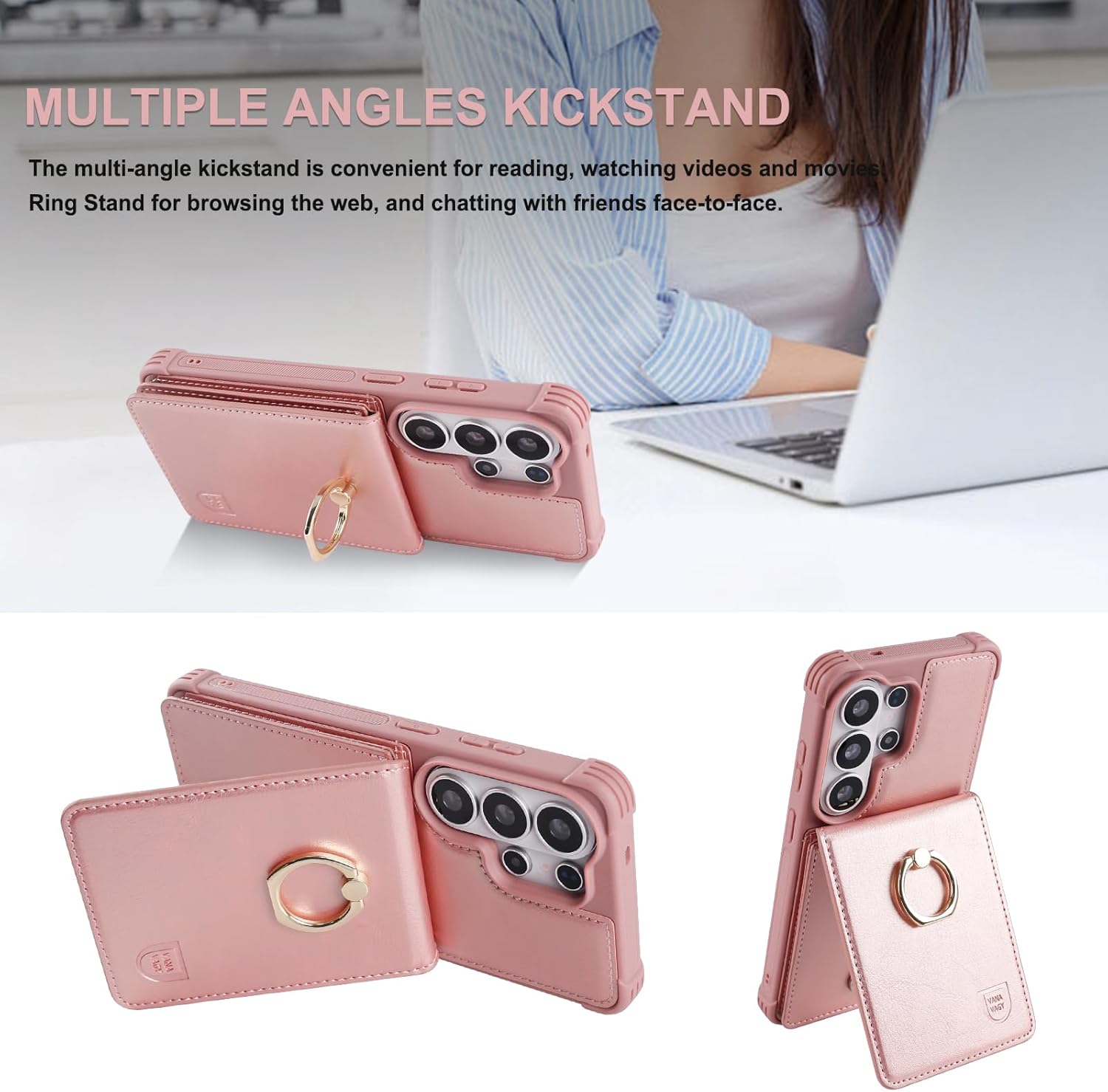 VANAVAGY Wallet Case for Galaxy S26 Ultra with RFID Blocking Card Holder, PU Leather Magnetic Clasp Case with Ring Kickstand for Women Men, Shockproof Phone Cover for s26ultra 6.9inch, Rose Gold