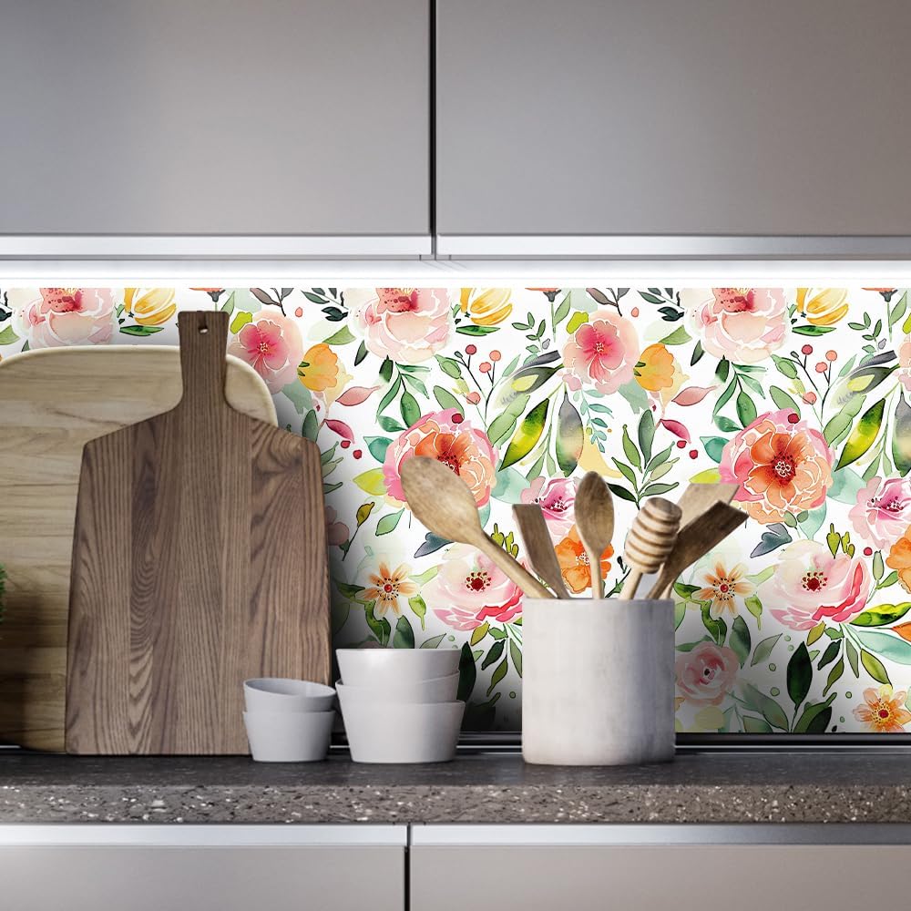Colourful Ink Floral Wallpaper,17.71"x118.1" Peel and Stick Wallpaper Self-Adhesive Contact Paper for Living Room Bedroom Washroom Cabinet Wall