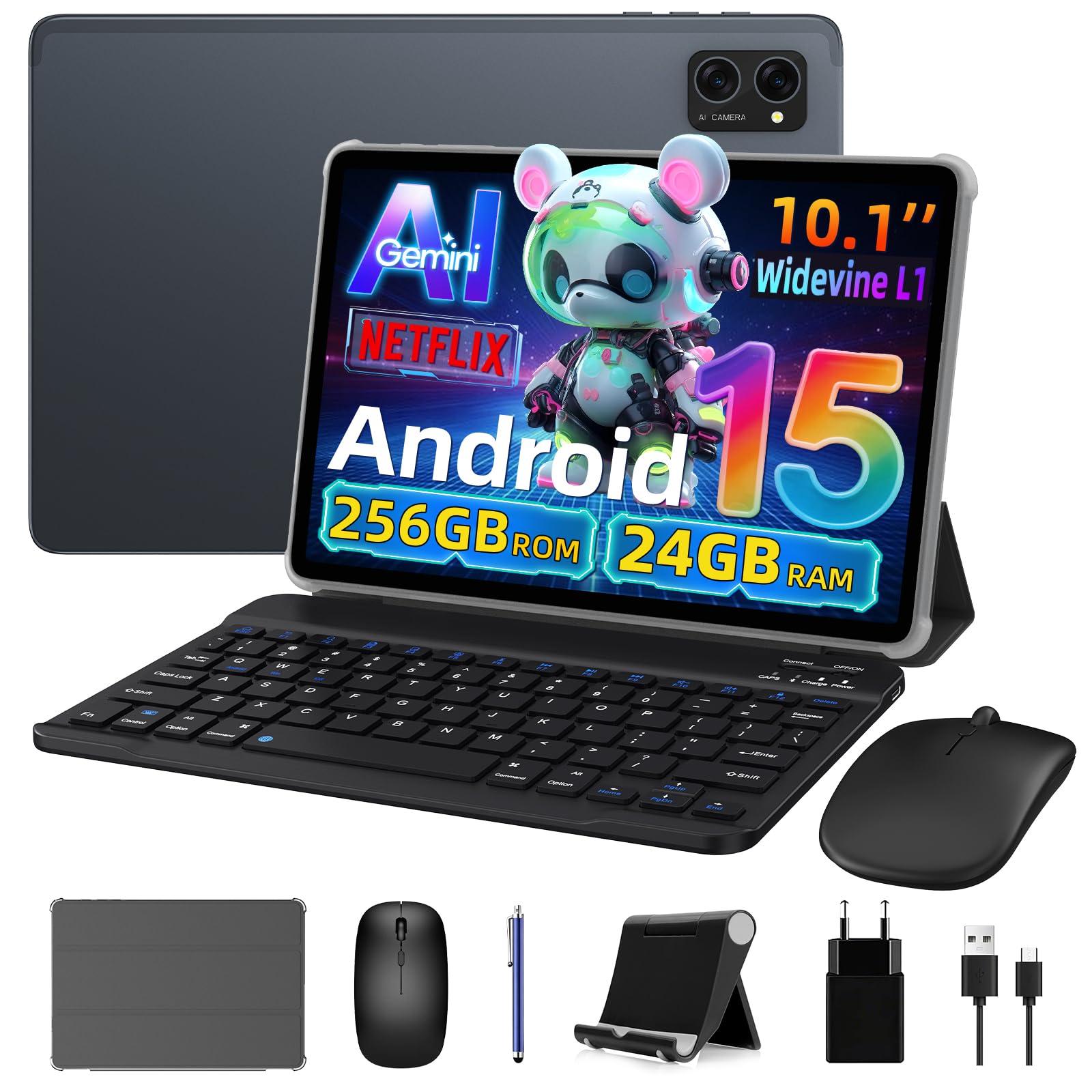 VekfulPC Tablet con tastiera Android 15 10" tablet in offerta 24GB RAM + 256GB ROM (2TB TF), Octa-Core, 5000 mAh, 8 MP + 5 MP, Gemini AI, Widevine L1, 5G WiFi, GPS, Face ID