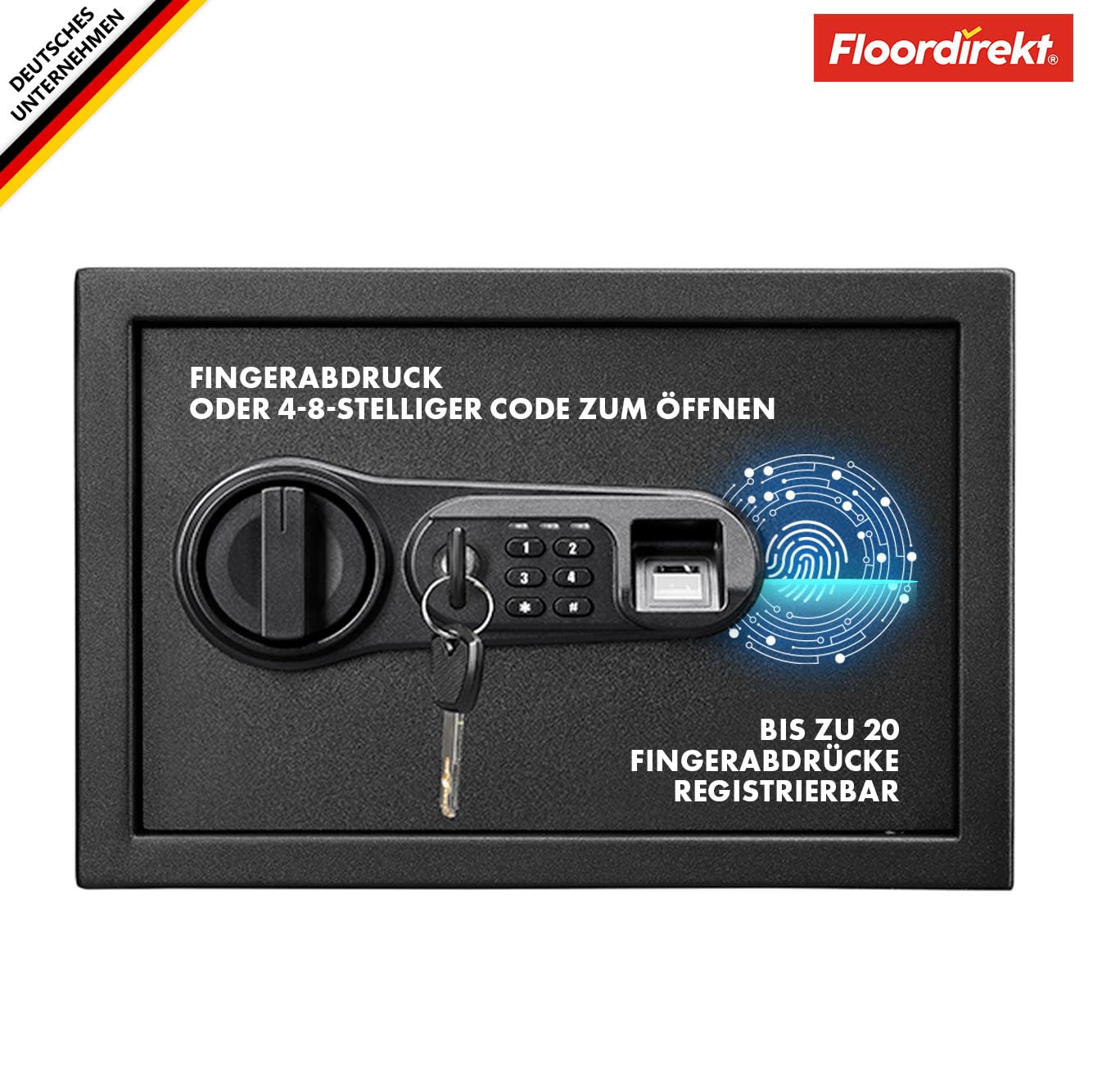 Floordirekt Cassaforte Catoca 25 x 35 x 25 cm - Cassaforte per mobili con impronte digitali e serratura a combinazione, piccola cassaforte da parete per casa, cassaforte con chiave