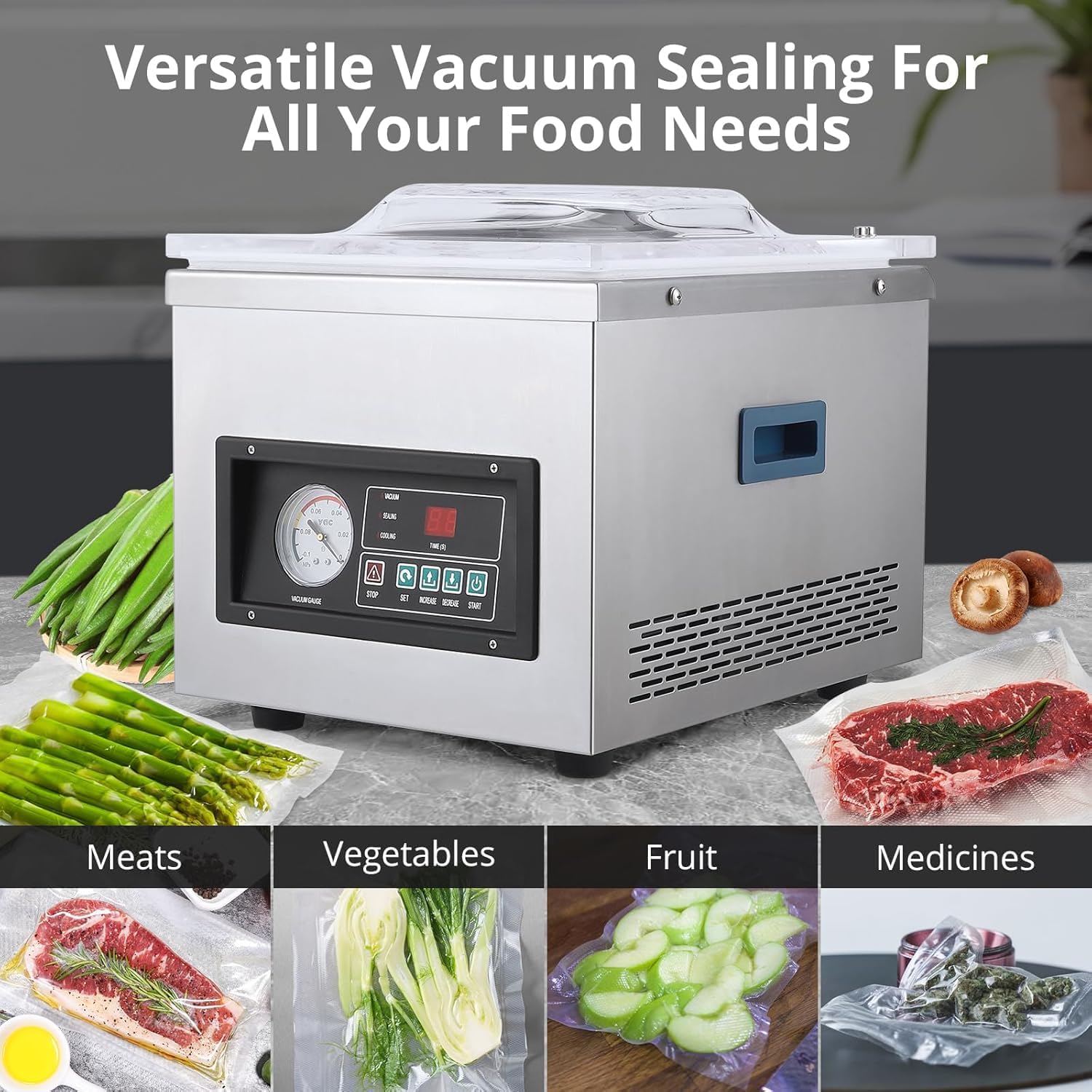 Máquina selladora al vacío de cámara de 370 W, longitud de sellado de 260 mm, para alimentos húmedos, carnes, adobos y preparación de comidas para uso comercial y doméstico