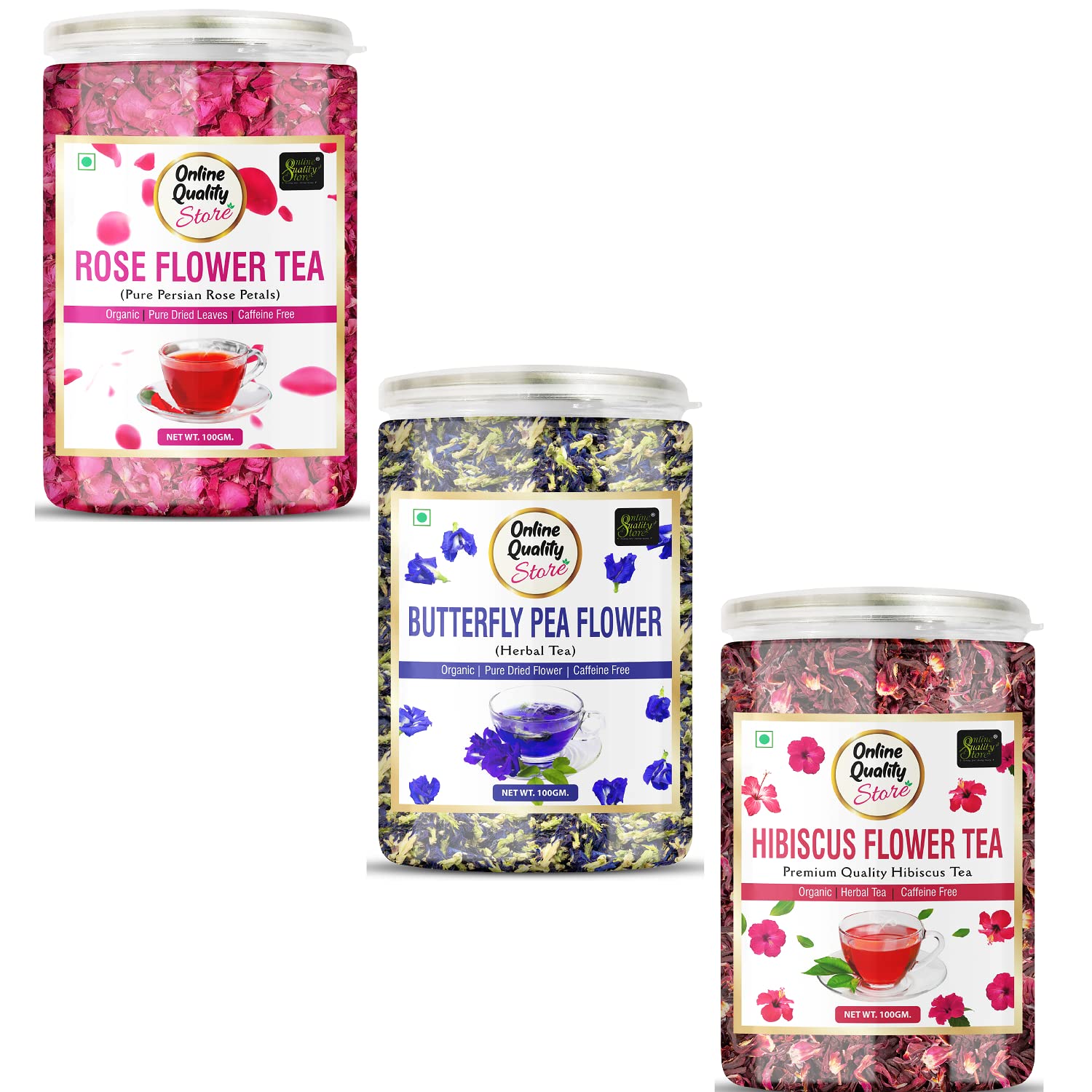 Online Quality Store Natural Hibiscus Flower Tea, Butterfly Pea, Rose Combo- 300g(100g x 3 Pack)|Caffeine Free Herbal |Premium Hibiscus |Blue Pea |Rose |Reduce Stress