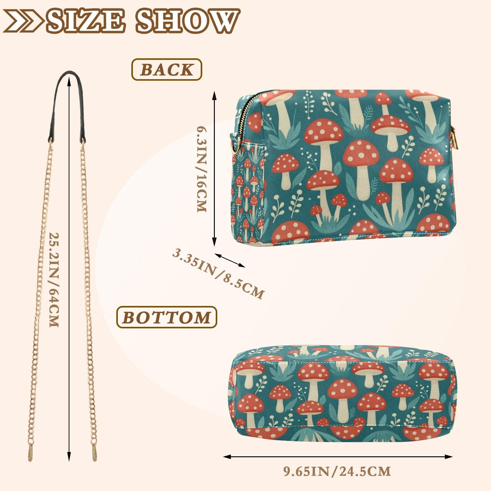FRODOTGV Damska torba crossbody o pojemności 2,5 l | Trwałe etui na karty ze skóry PU i wewnętrzna kieszeń lekka plaża zajęcia na świeżym powietrzu grzyb cętkowany