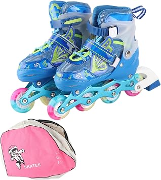 Adjustable Inline Skates for Kids, Blue Roller Blades with Light Up Wheels, Breathable Comfort Fit, Smooth Sliding Outdoor Skates for Children Ages 6-12