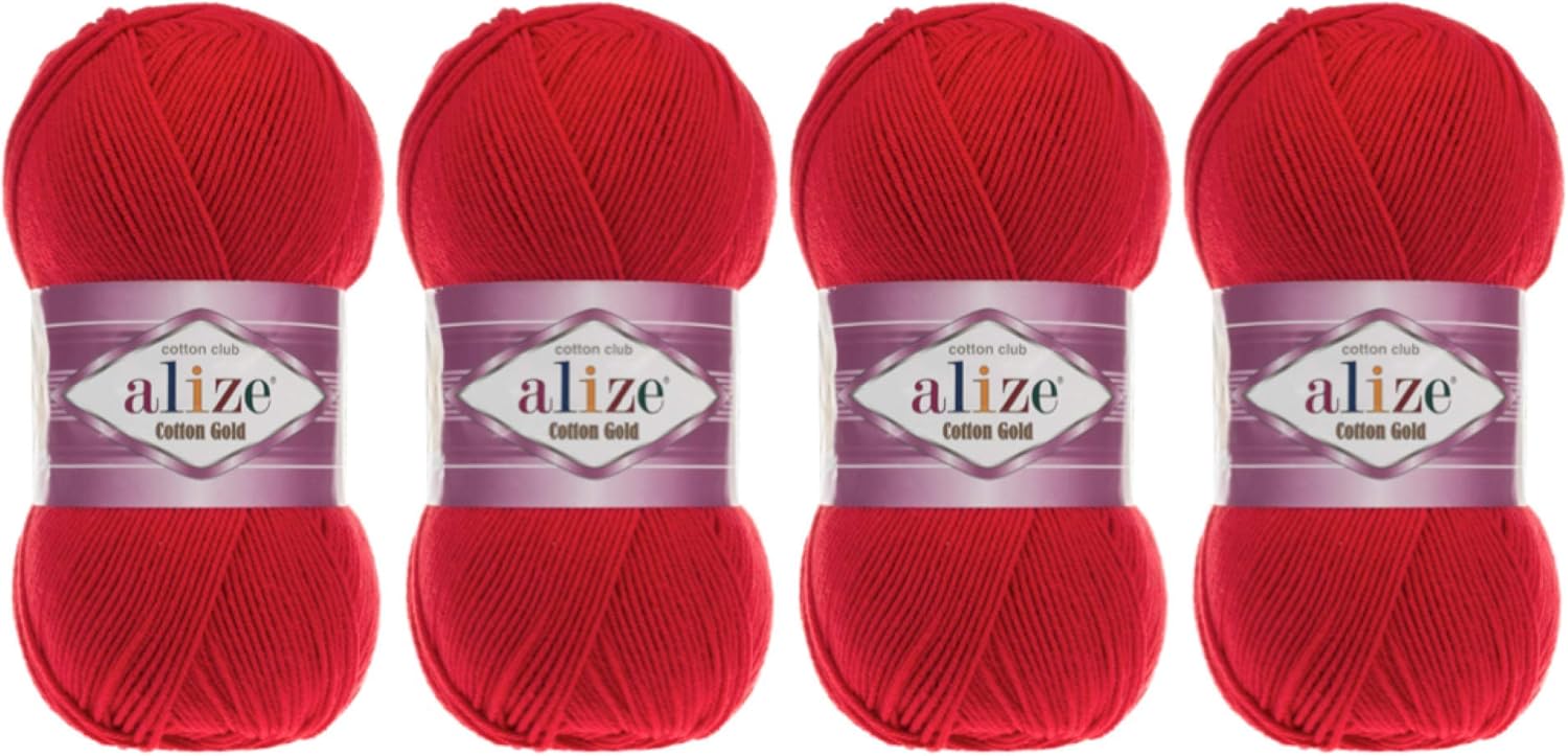 55% Cotton 45% Acrylic Yarn Alize Cotton Gold Thread Crochet Hand Knitting Art Lot of 4skn 400 gr 1444 yds (56-Red)
