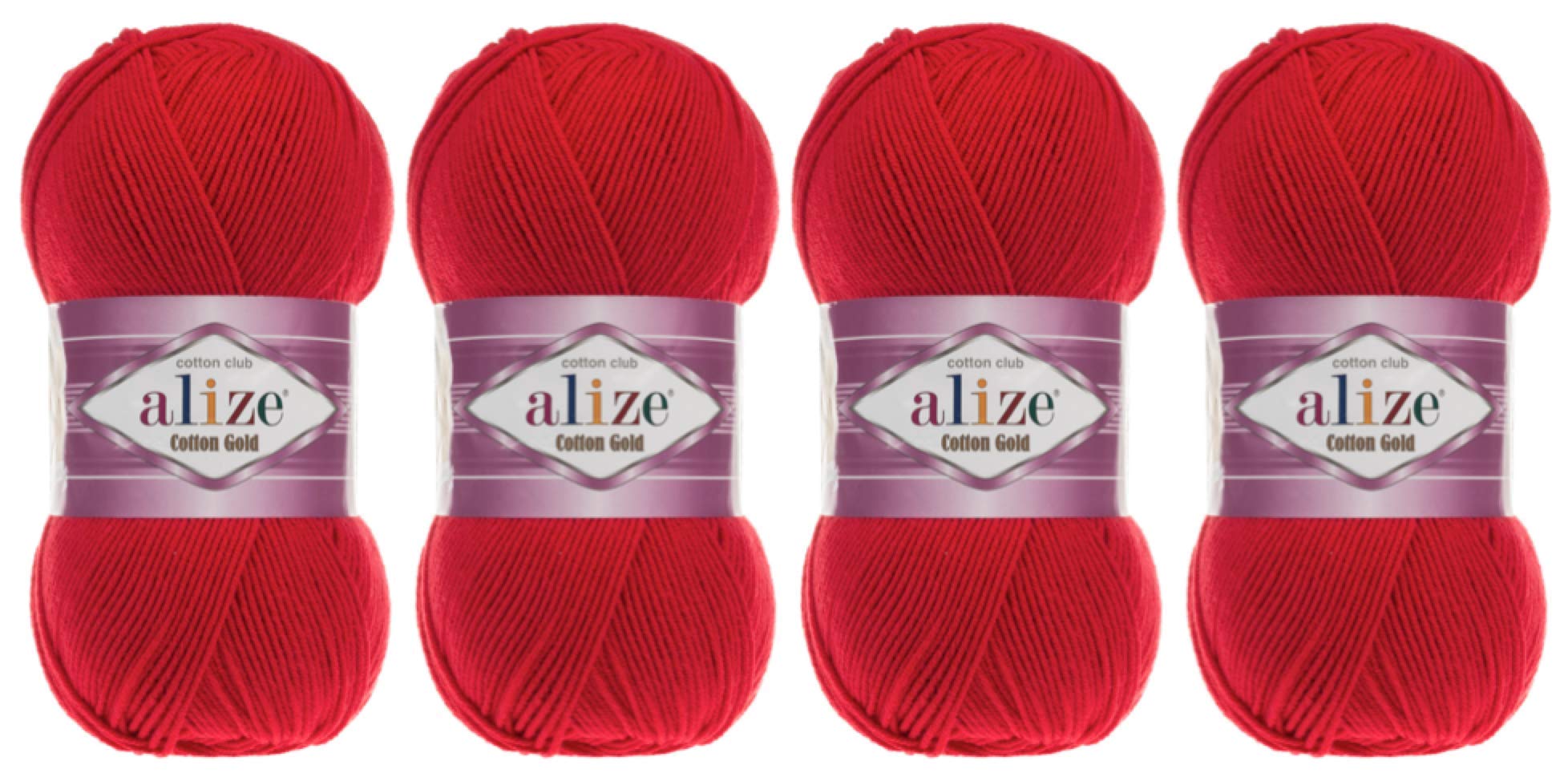 Alize 55% Cotton 45% Acrylic Yarn Cotton Gold Thread Crochet Hand Knitting Art Lot of 4skn 400 gr 1444 yds (56-Red)