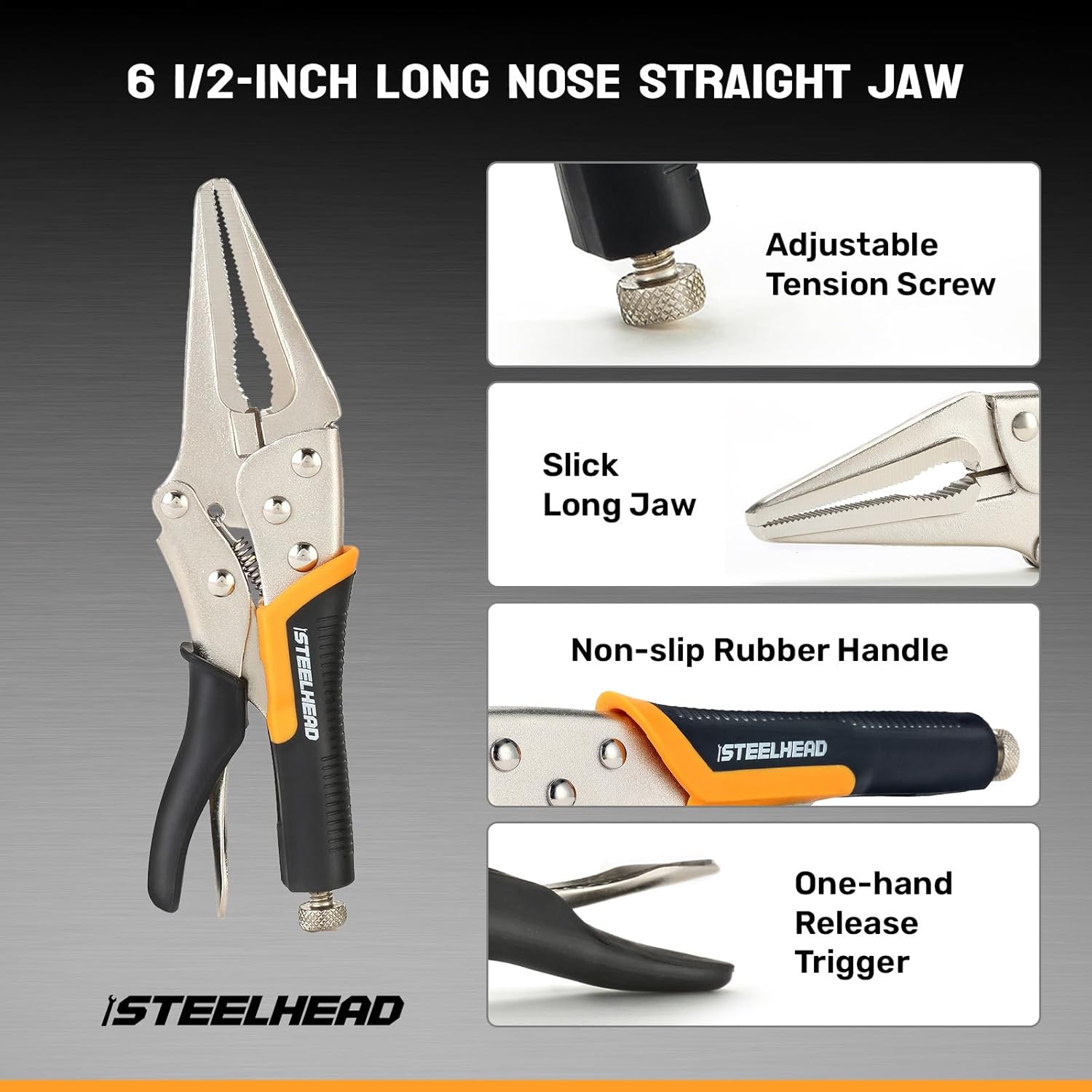 STEELHEAD 3-Piece Locking Pliers Set, 10-inch Curved Jaw, 7-Inch Curved Jaw & 6-1/2” Long Nose Straight Jaw, Integrated Wire Cutter, USA-Based Support