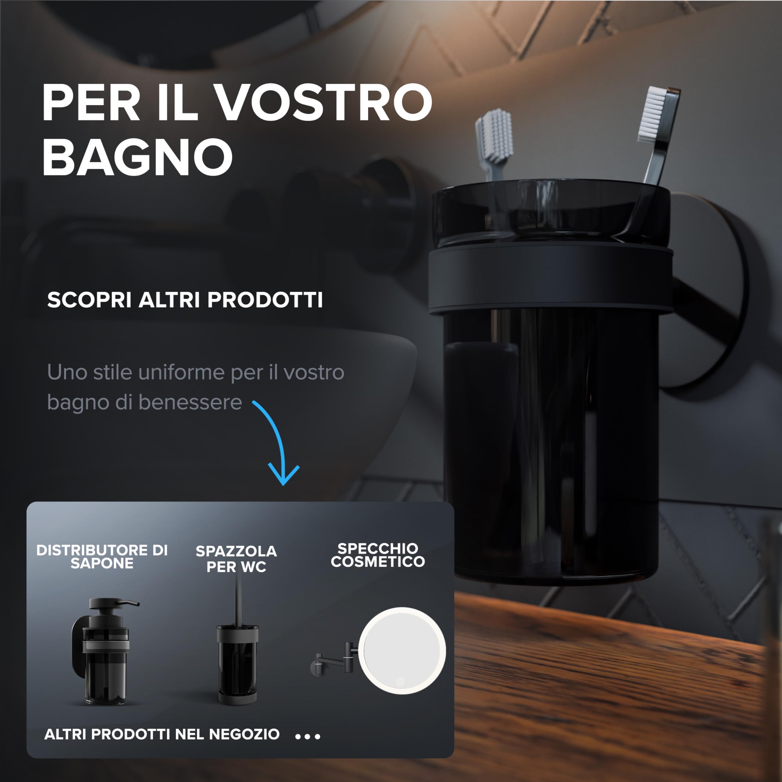 ovimar Engeloya Bicchiere per spazzolini da denti | nero | senza foratura | in vetro e acciaio inox per il bagno | con bicchiere estraibile e porta spazzolino da denti | da attaccare alla parete