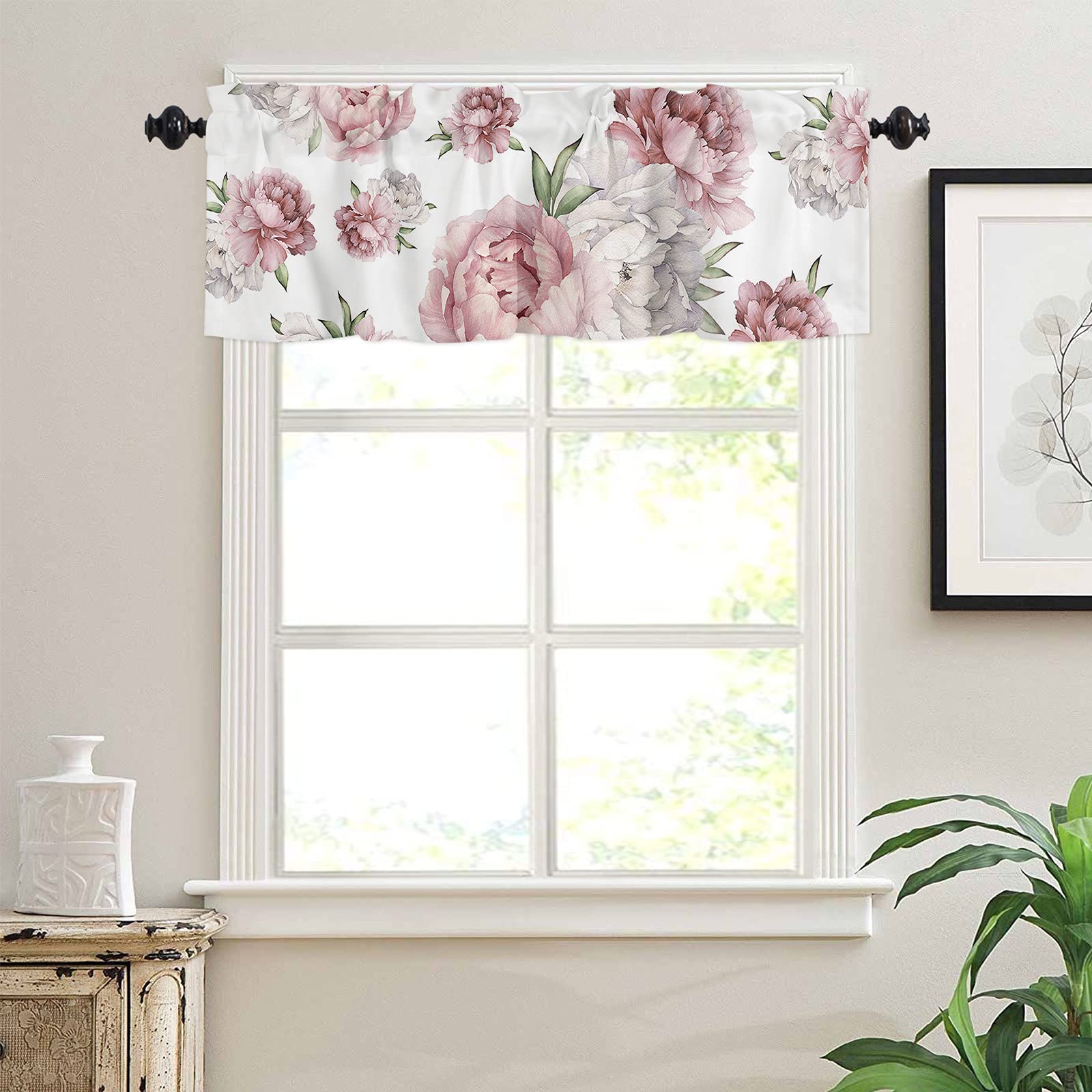 Homechoid Watercolor Vintage Pink Floral Curtain Valance for Windows/Living Room/Kitchen/Bathroom Farmhouse, Pink Flower White Short Rod Pocket Tier Curtain Window Treatment, 1 Panel 54x18