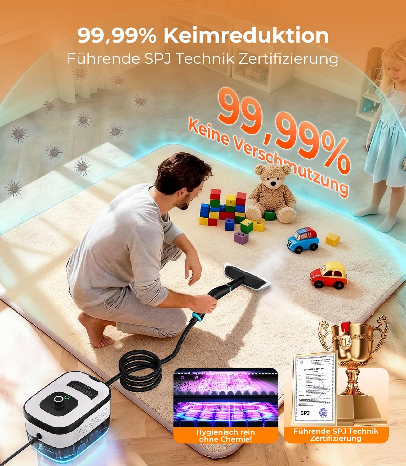 14-IN-1 Dampfreiniger Handgerät【99,99% Keimreduktion-Führende Deutsche SPJ Technik】【9-Sekunden Turbo-Dampf-Intelligent Turbo Steam System】Dampfreiniger für Alles,Dampfbesen für Boden, Küche etc.