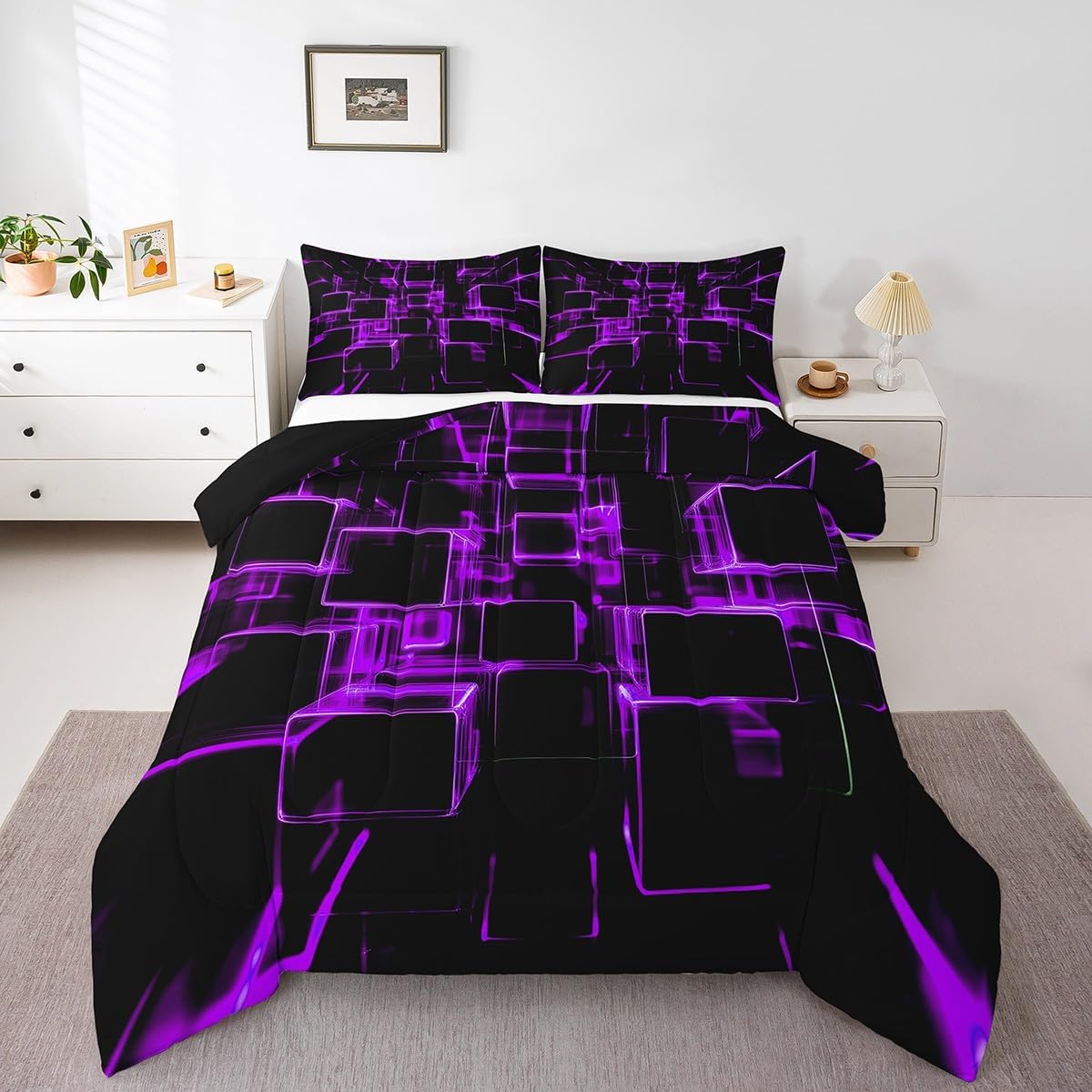 Hot Pink Black Bedding Queen 3D Glowing Buffalo Queen Comforter Set Modern Abstract Art Bedding Comforter Sets Geometric Plaid Duvet Insert, Gradient Futuristic Cubes Down Comforter (Black Reversible)