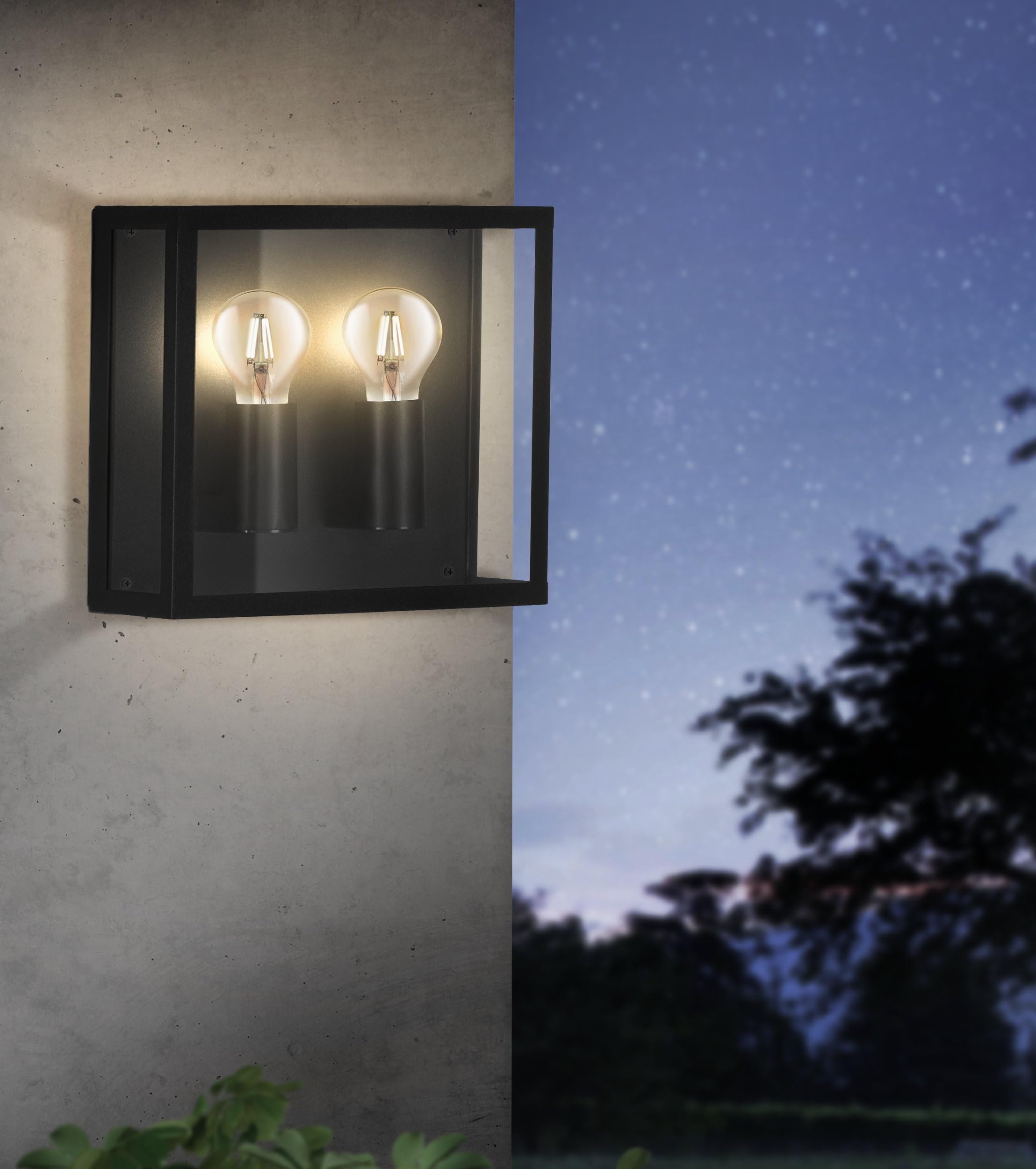 EGLO Wandleuchte außen Alamonte 1, 2-flammige Vintage Außenleuchte | Outdoor-Wandlampe aus schwarzem Metall und transparentem Glas, Außenbeleuchtung mit E27 Fassung