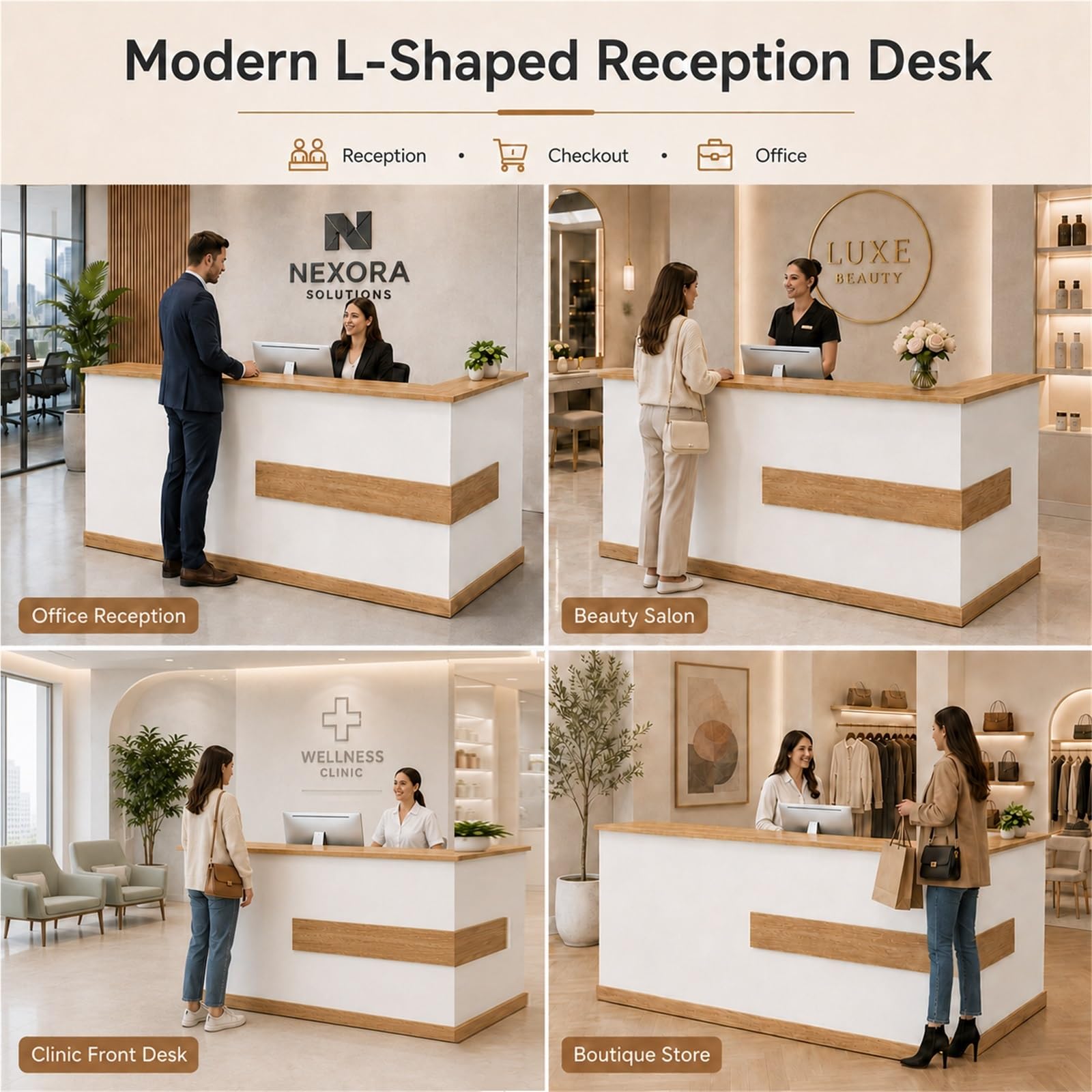 Moderne L-förmige Empfangstheke Rezeptionstheke mit Schublade, Stauraum | 110 cm Hohem Sichtschutz für Büro Salon Praxis Laden Hotel Studio(Right beige+White,120cm/47.2")
