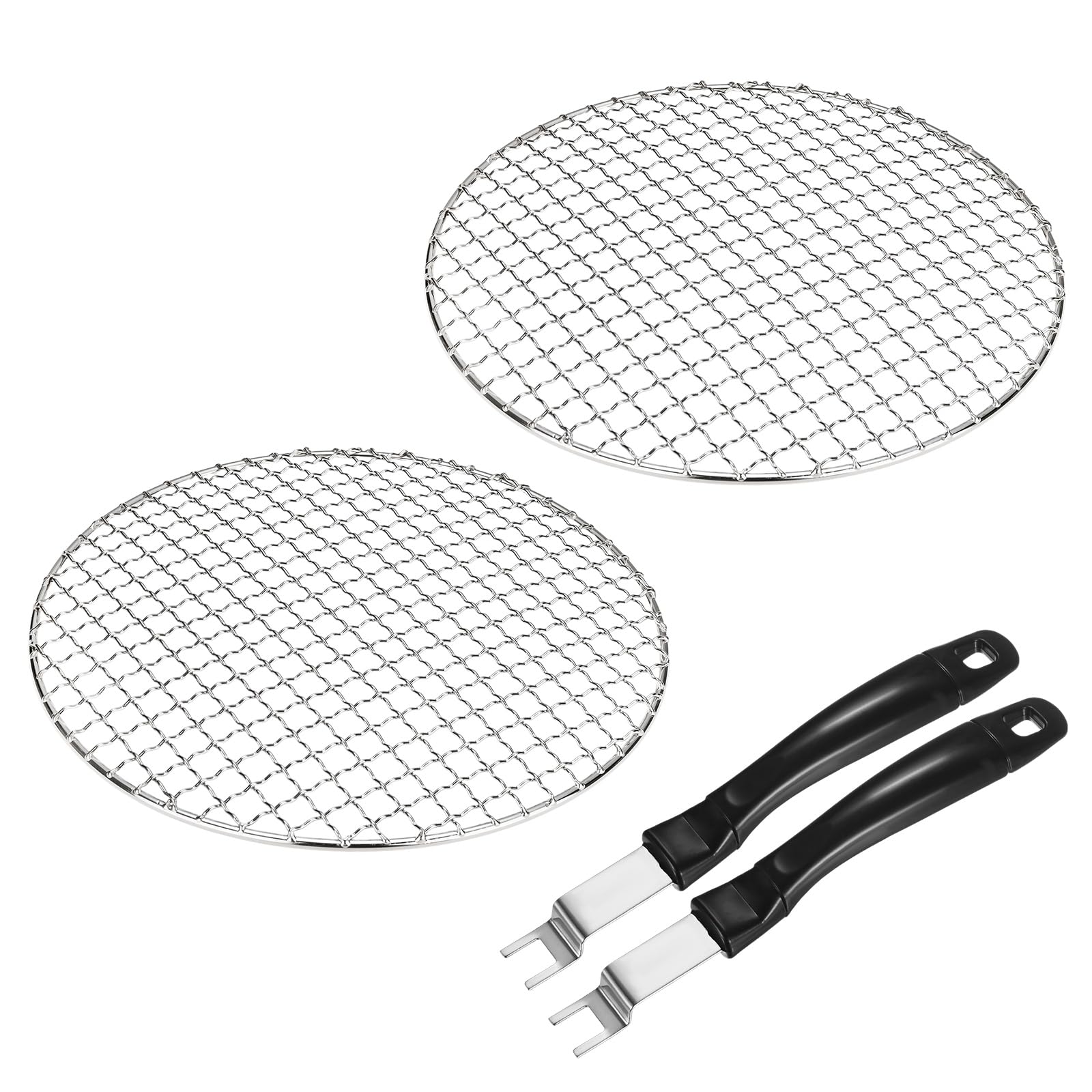 M METERXITY Pack de 4 Rejillas Enfriadoras, 10.2" Redondas de Acero Inoxidable 201 con Elevador Pinza para Parrilla/Asar/Cocer al Vapor/Hornear, Rejilla de Alambre Cruzado [Tono Plata]