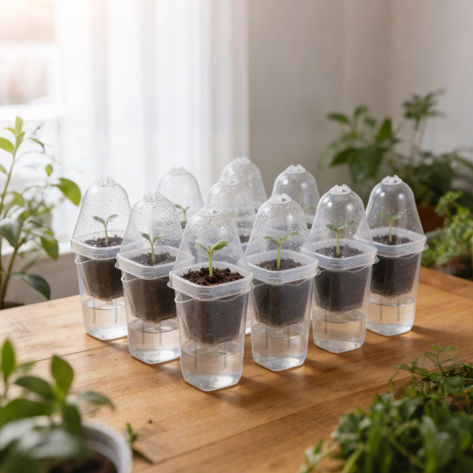 Shaojian Clear 12Pcs Seedling Pots Self Watering Plastic Plant Pots With Humidity Dome And Drainage Small Plant Container For Seedlings, Cuttings, Succulents, Herbs, Vegetables