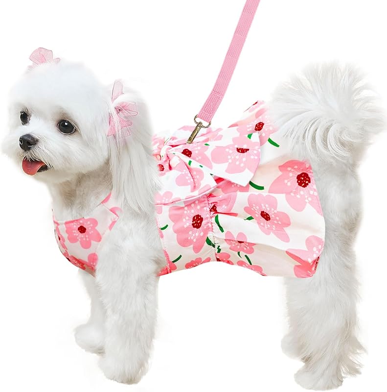 ABRRLO Lindo vestido de perro pequeño ropa para niñas hembra cachorro trajes rosa floral mascota ropa de verano Bowknot perrito gato princesa vestido arnés conjunto para vacaciones fiesta de cumpleaños disfraz ropa (rosa, S)