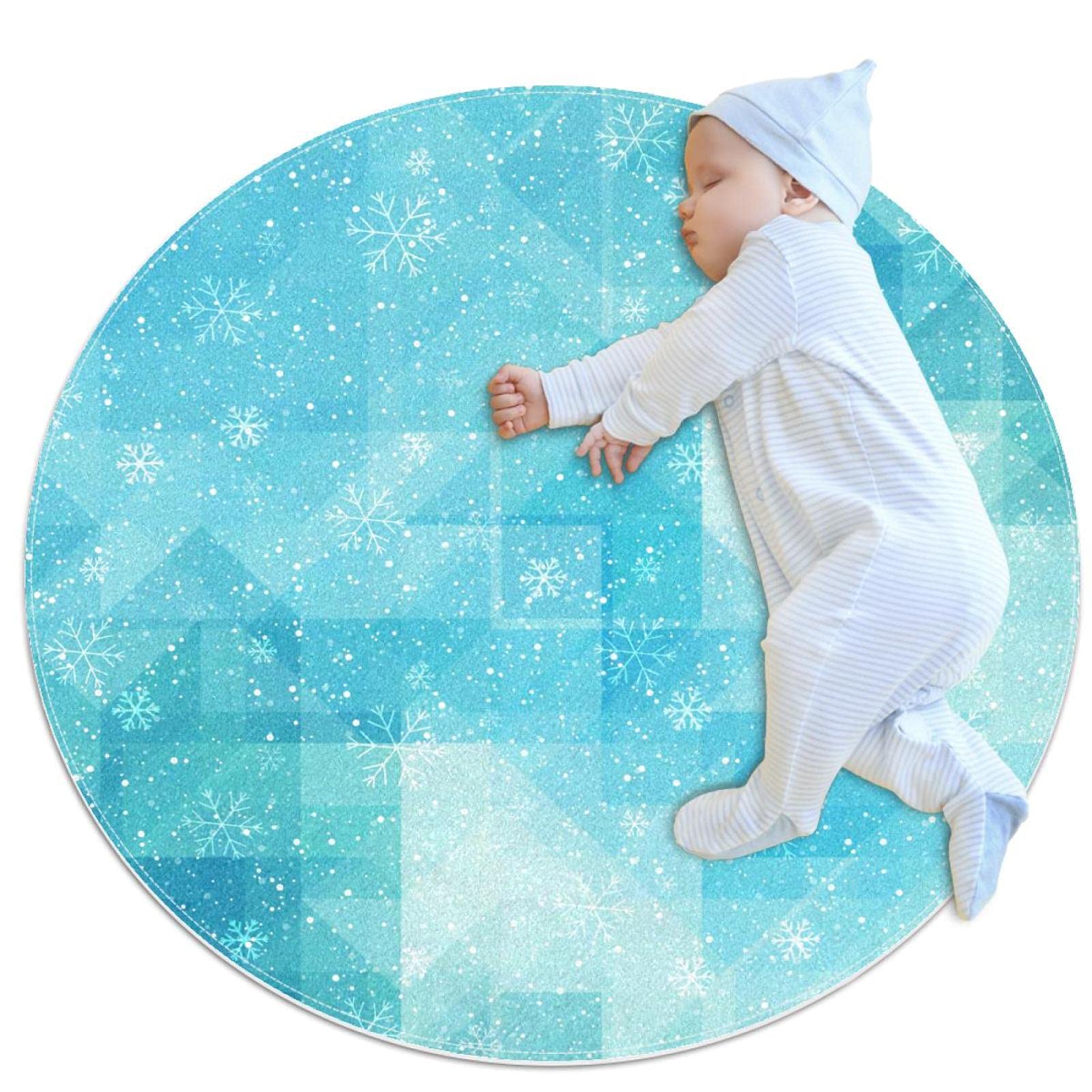 Tapis antidérapant rond 1m bleu et flocons de neige pour une chambre d'enfant sécurisée