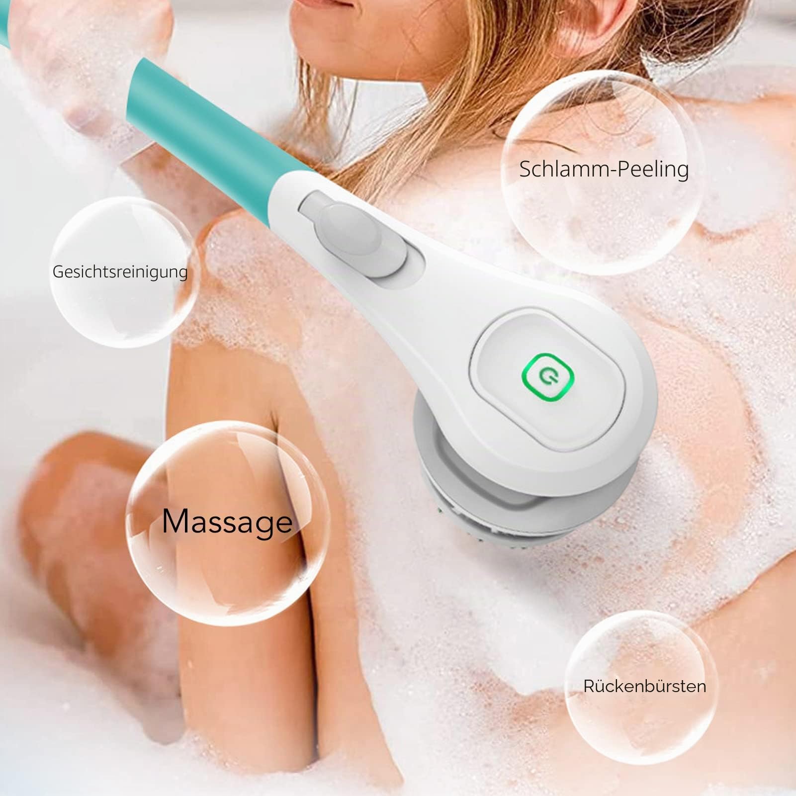 Elektrische Körperbürste - Langen Griff, 6x rotierende Peel-Heads, wasserdicht, tiefe Reinigung, 3-Gänge Massage, Duschbads-Reiniger