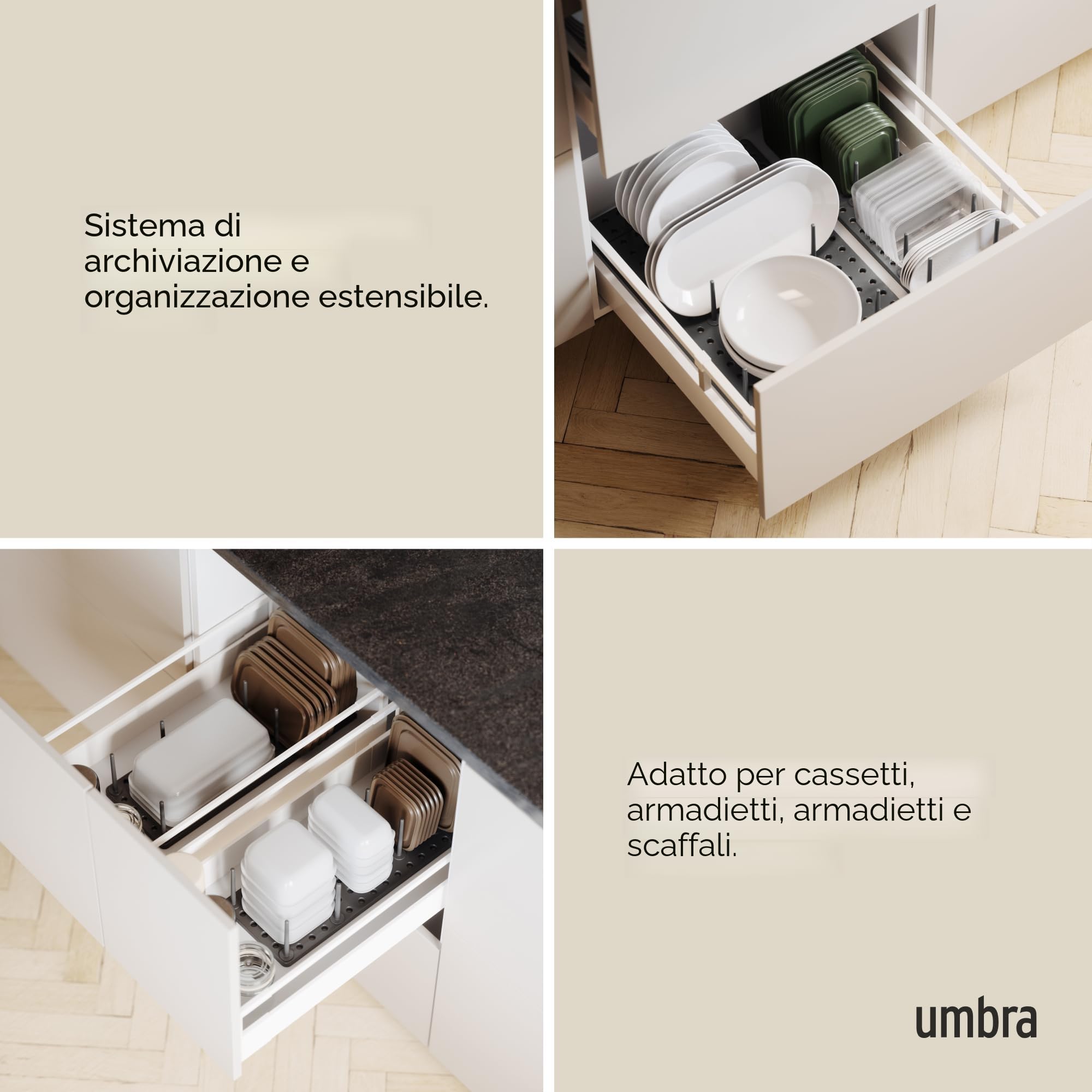 Umbra Armadio da cucina Peggy, ripiano e cassetto, sistema di archiviazione regolabile per contenitori per alimenti, pentole, stoviglie, utensili e altro, a carboncino, set da 2, 45 x 15 x 10 cm