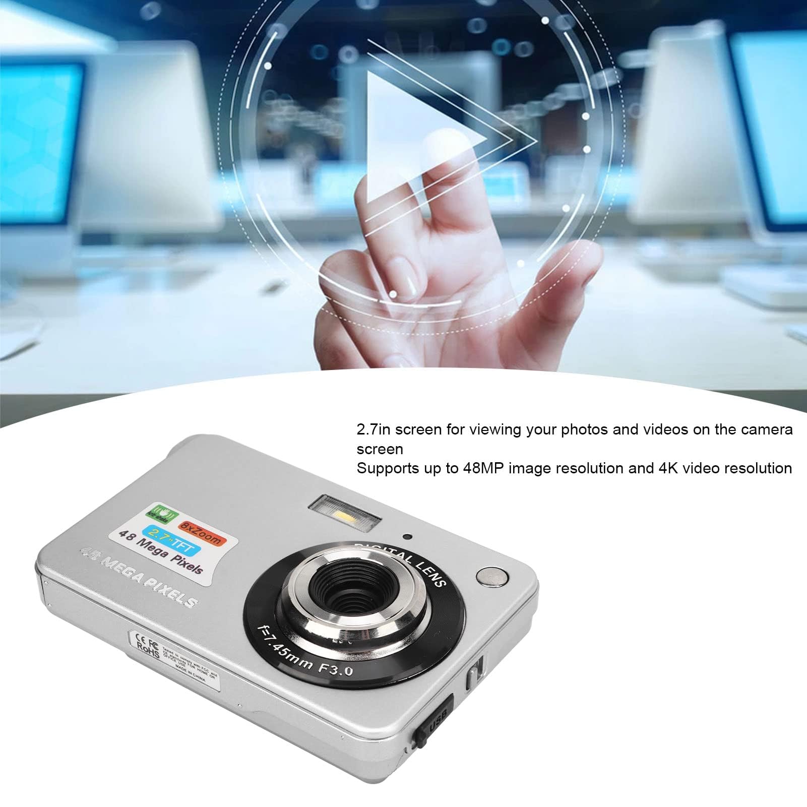 Appareil Photo Numérique 4K pour la Photographie, Appareil Photo de Poche Compact 48MP avec écran LCD 2,7 Pouces, Appareil Photo Vlogging 8X Anti-secousses pour Adultes Seniors (Argent)