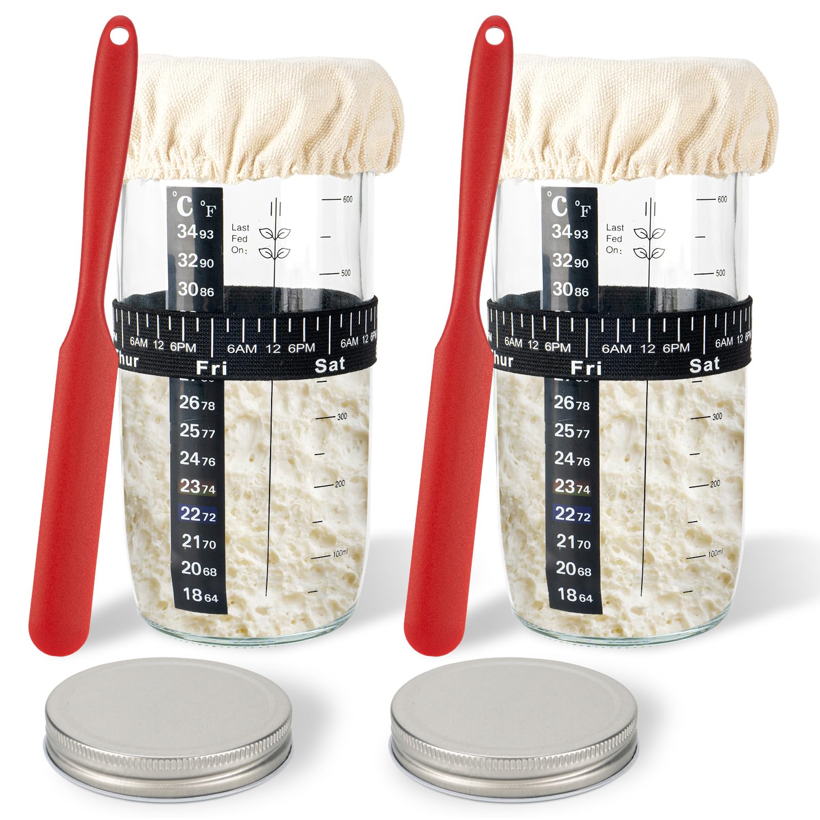 Lot de 2 pots de levain en verre de 730 ml avec bande d'alimentation pour dates, thermomètre, couvercle en tissu et couvercle en métal, fournitures de cuisson réutilisables pour pain au levain