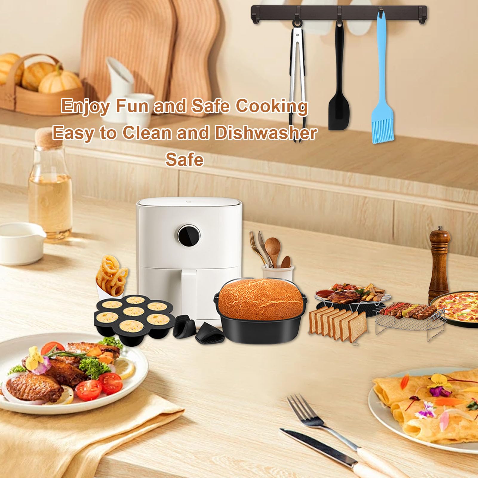 Ensemble D'accessoires pour Friteuse de 7 Pouces, Moule à Gâteau, Poêle à Pizza, Support à Brochettes, Brosse à Huile, Tapis en Silicone, Pince de Plaque de Cuisine pour Friteuse