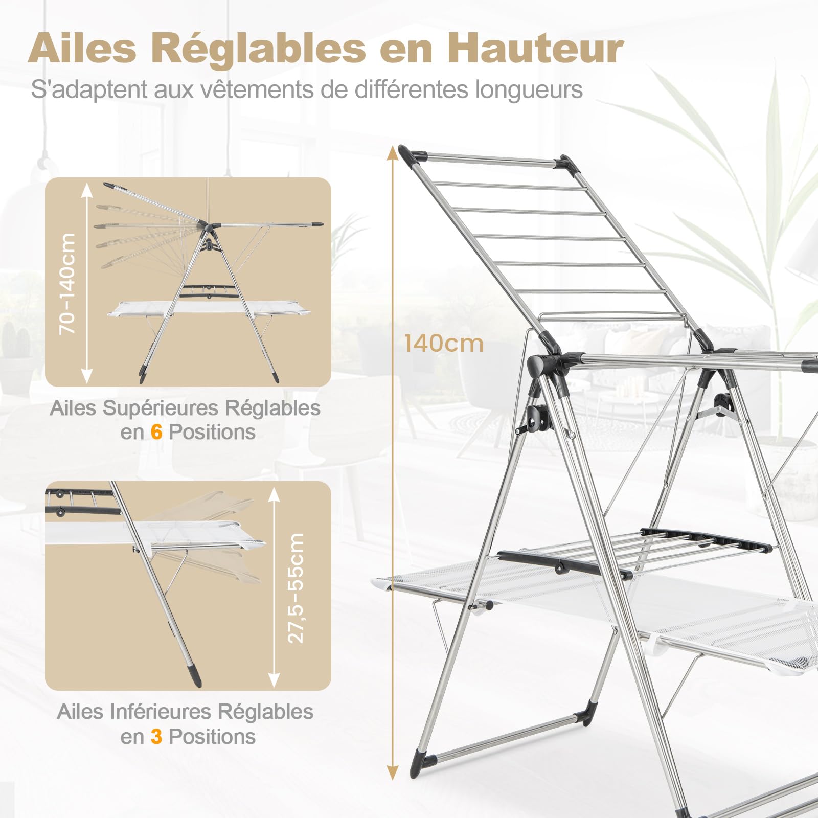 COSTWAY Étendoir Linge Intérieur, Sechoir à Linge Pliable en Acier Inox, Cintre Haut 182 cm, Grand Filet de Séchage, Tancarville Linge Solide Réglable 70-140 cm, Cintre Chaussures, Pince de Chaussette