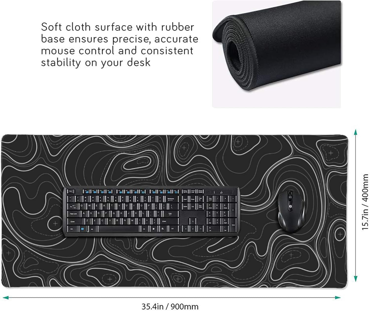 Large Gaming Mouse Pad Black Topographic Contour Mouse Pad with Stitched Edges & Nonslip Rubber Base Extended XXL Long Mousepad Big Desk Mat for Company Office Work, 35.4 x 15.7 in