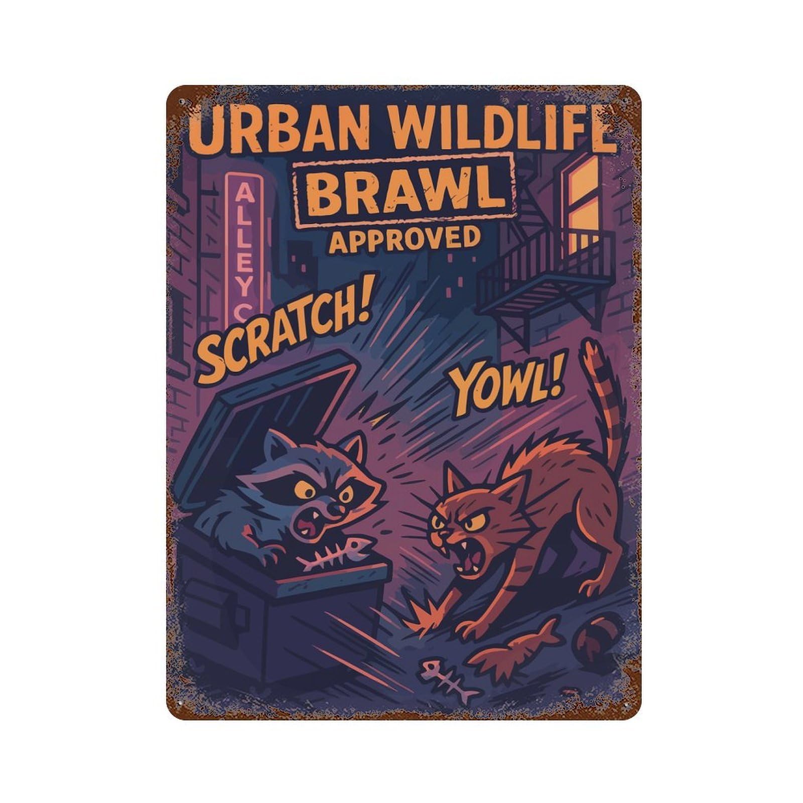 Urban Wildlife Brawl Cartoon Illustration Rust Effect Tin Sign 15.7"x11.8", Ideal for Garage, Bar And Workshop Decor