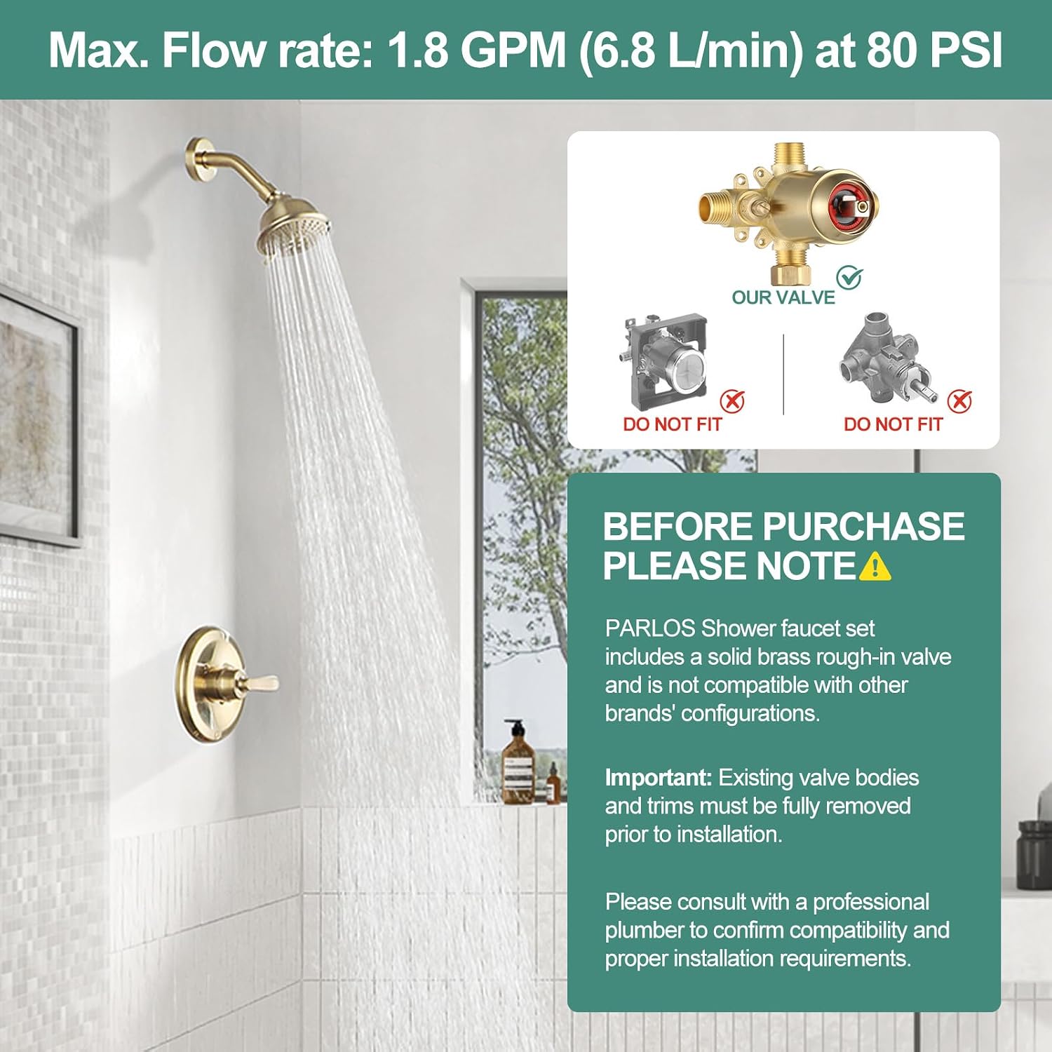 PARLOS Shower Faucet with Valve, Single-Handle Shower Trim Kit with 5-Spray Touch-Clean Shower Head, Wall Mounted Shower Faucets Sets Complete, 1436708
