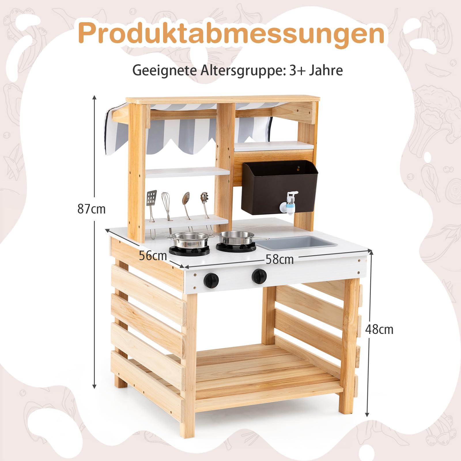DREAMADE Matschküche Kinder Outdoor, Kinderküche aus Tannenholz mit Dach, Wassertank, Wasserhahn, Spülbecken, doppelseitige Spielküche mit 6 TLG. Zubehör, Outdoor Küche für Kinder ab 3 Jahren (Natur)