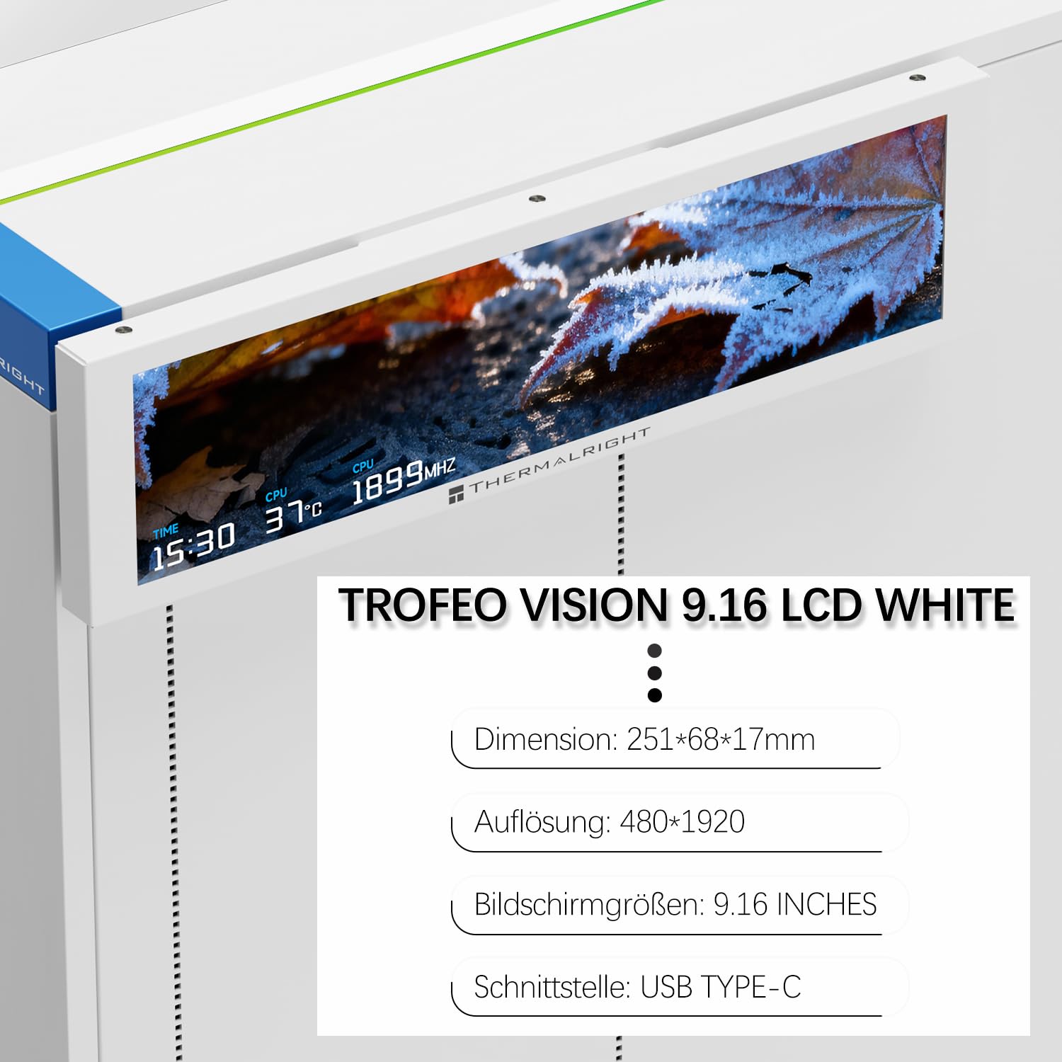 TR-Thermalright Trofeo Vision 9.16 LCD White, biały wyświetlacz IPS 9,16 cala o rozdzielczości 1920×480, można go przymocować do obudowy/chłodzenia CPU, własne dynamiczne obrazy/filmy