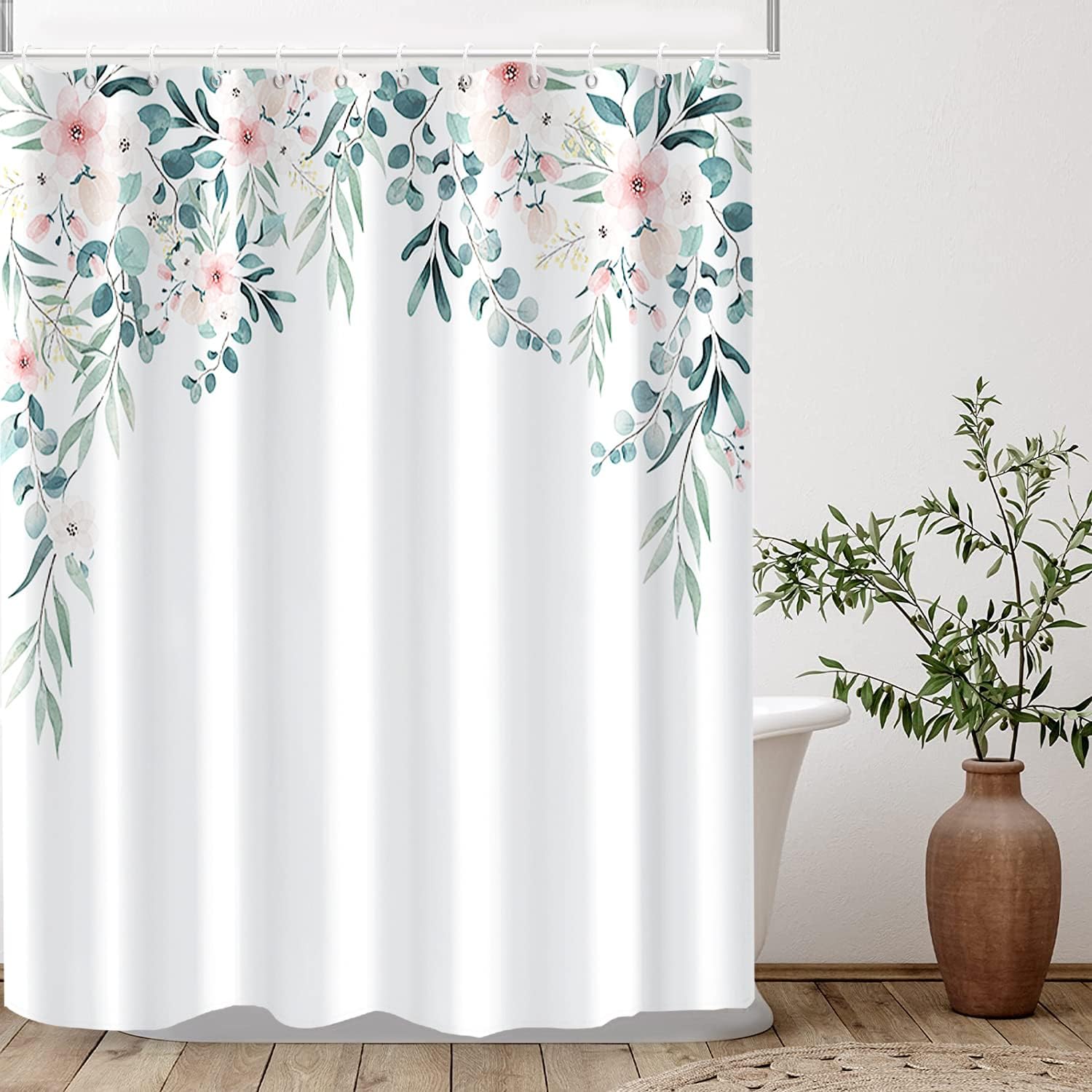 Eucalyptus Leaves Floral Bathroom Shower Curtain Green Leaf and Pink Flower Waterproof Polyester Shower Curtains Nature Botanical Farmhouse Shower Curtain with Hooks Decorative, 72x72 Inch