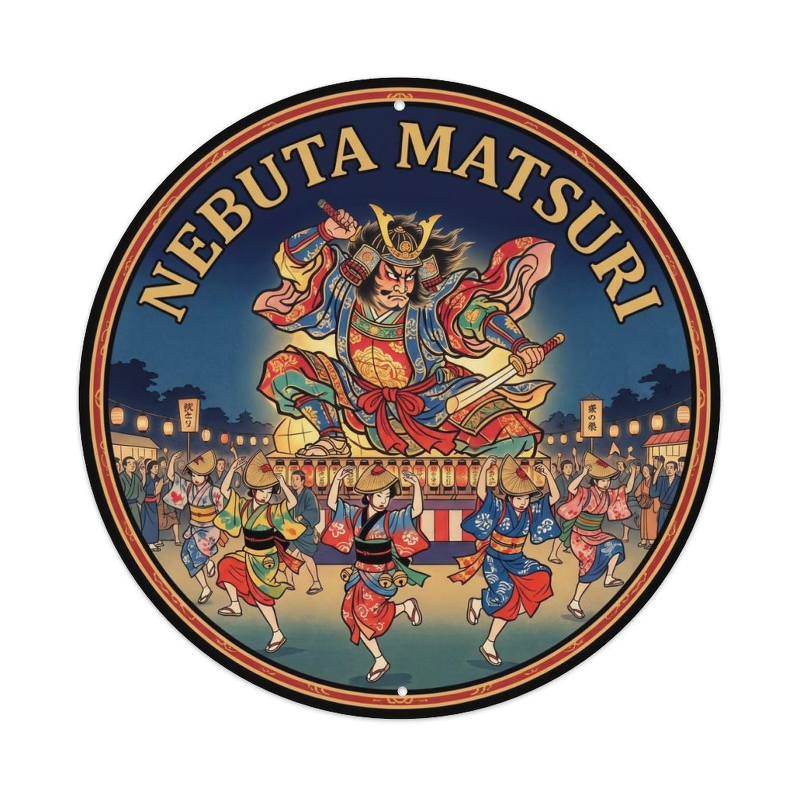 Olyhtr 8X8inch Classic Style Nebuta Matsuri Aomori Woodblock Crimson Cobalt Metal Tin Sign