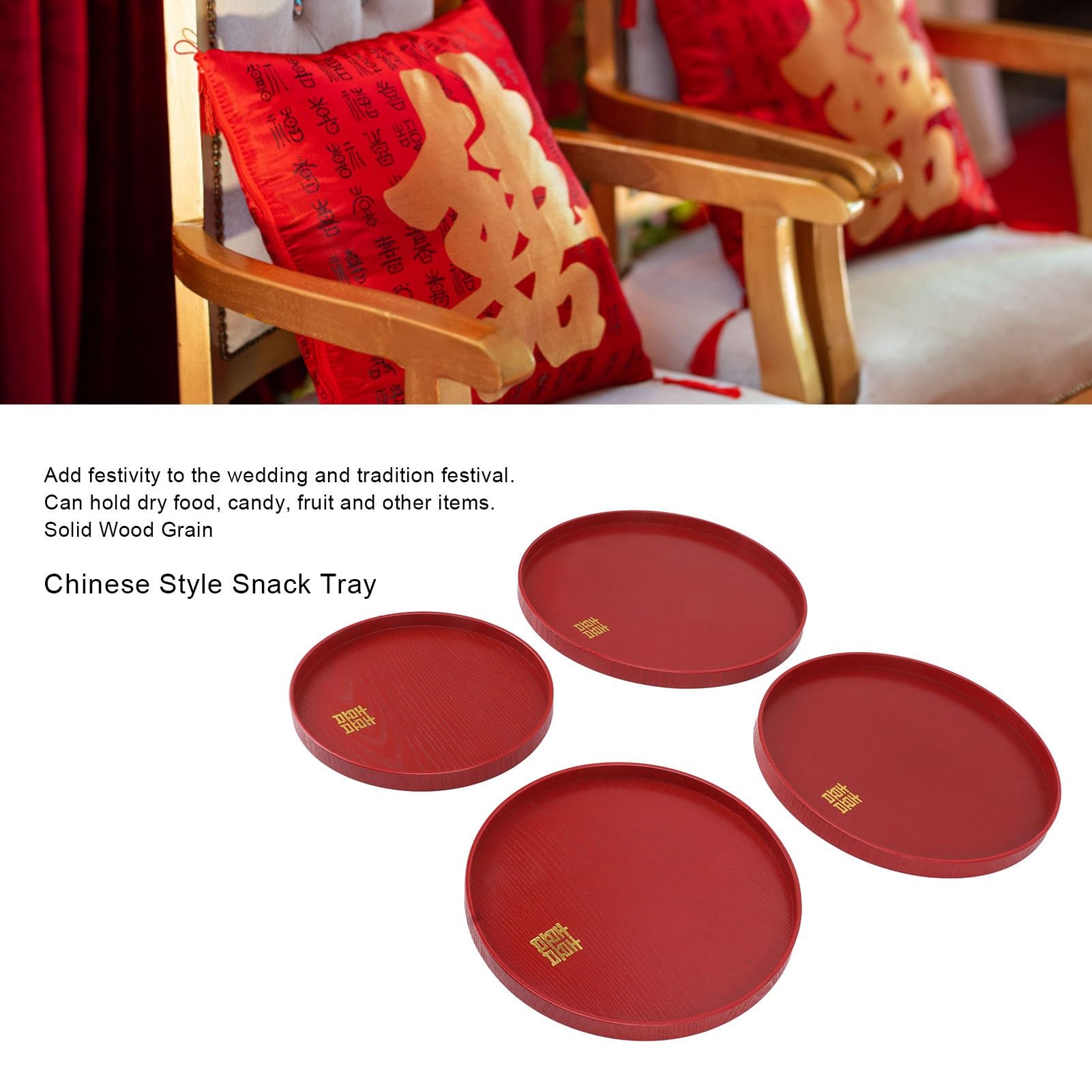 Bandeja de Servicio de Madera roja de Estilo Chino, Bandeja para té y Aperitivos de Boda, 4 Piezas de Bandeja para Frutas y Dulces de Fraxinus mandshurica con Bordes elevados para (Redonda)
