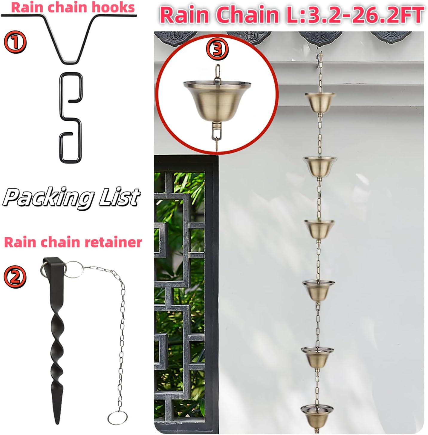 Rain Chain Rain Water Catcher 3.2-26.2FT Rain Chain Gutter Galvanized Iron with Hooks and Fixings Movable Hanging for Garden Rustproof Decorative Hanging Garden Ornaments,3m(9.8ft)
