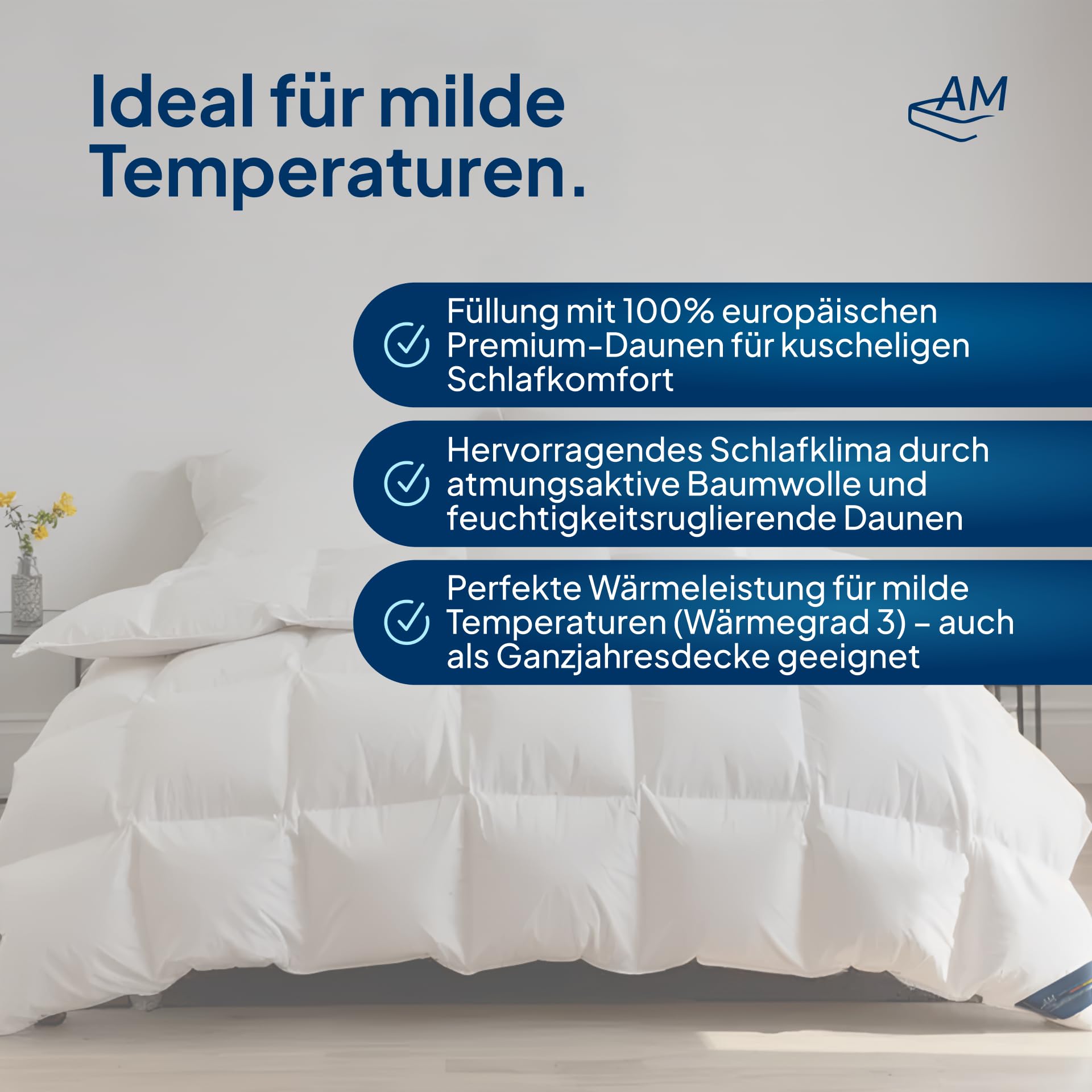 Daunendecke 140x200 Ganzjahres - Made in Germany - 100% Extraweiche Daunen - Atmungsaktive Ganzjahresdecke 140x200 - Oeko-TEX zertifizierte Federbettdecke 140x200cm - Bettdecke