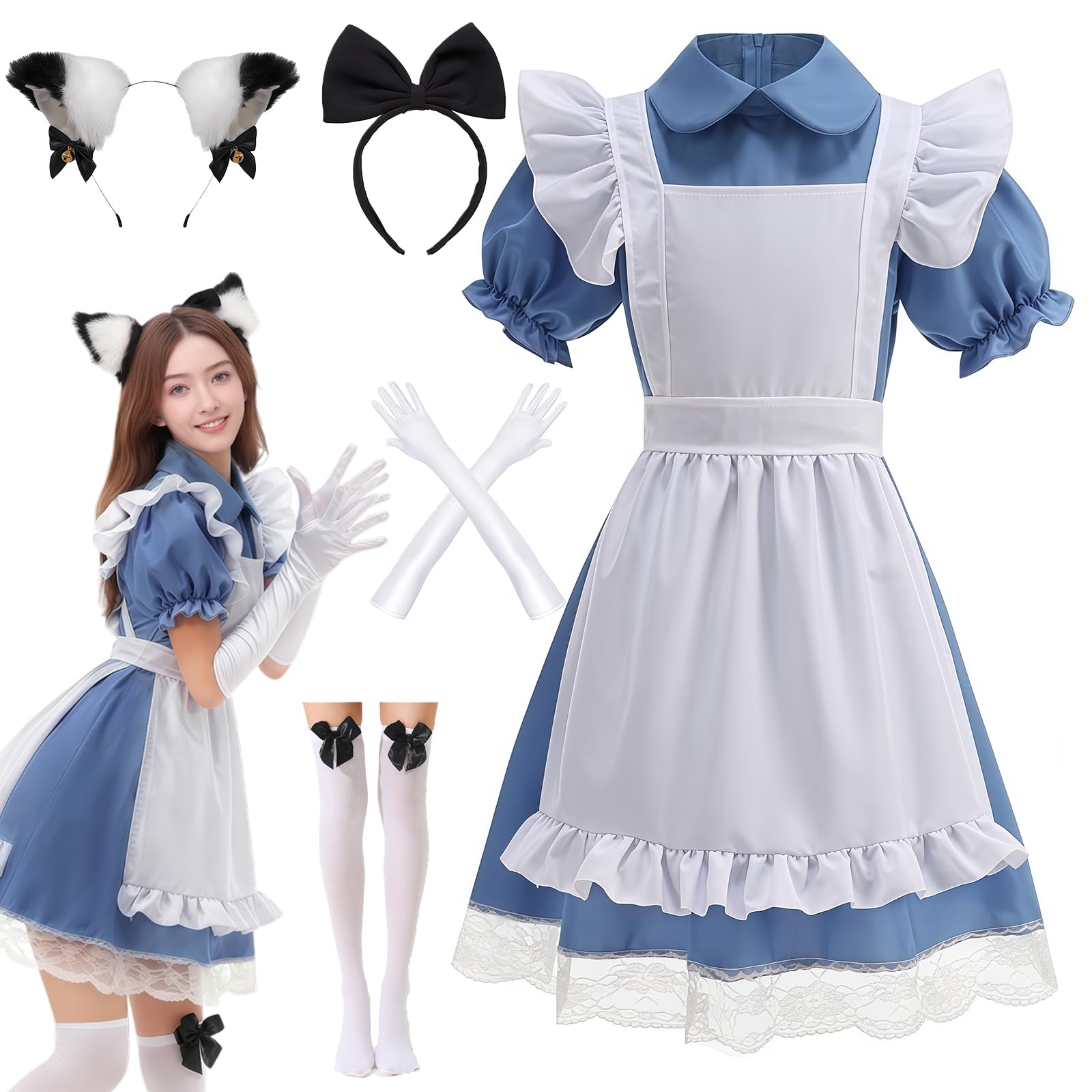 Amtum Maid Dress Costume French Lolita Maid Outfits for Women Maid Apron Cosplay Lolita Outfit Anime halloween Costumes Headwear Gloves Socks Set，T002-3XL