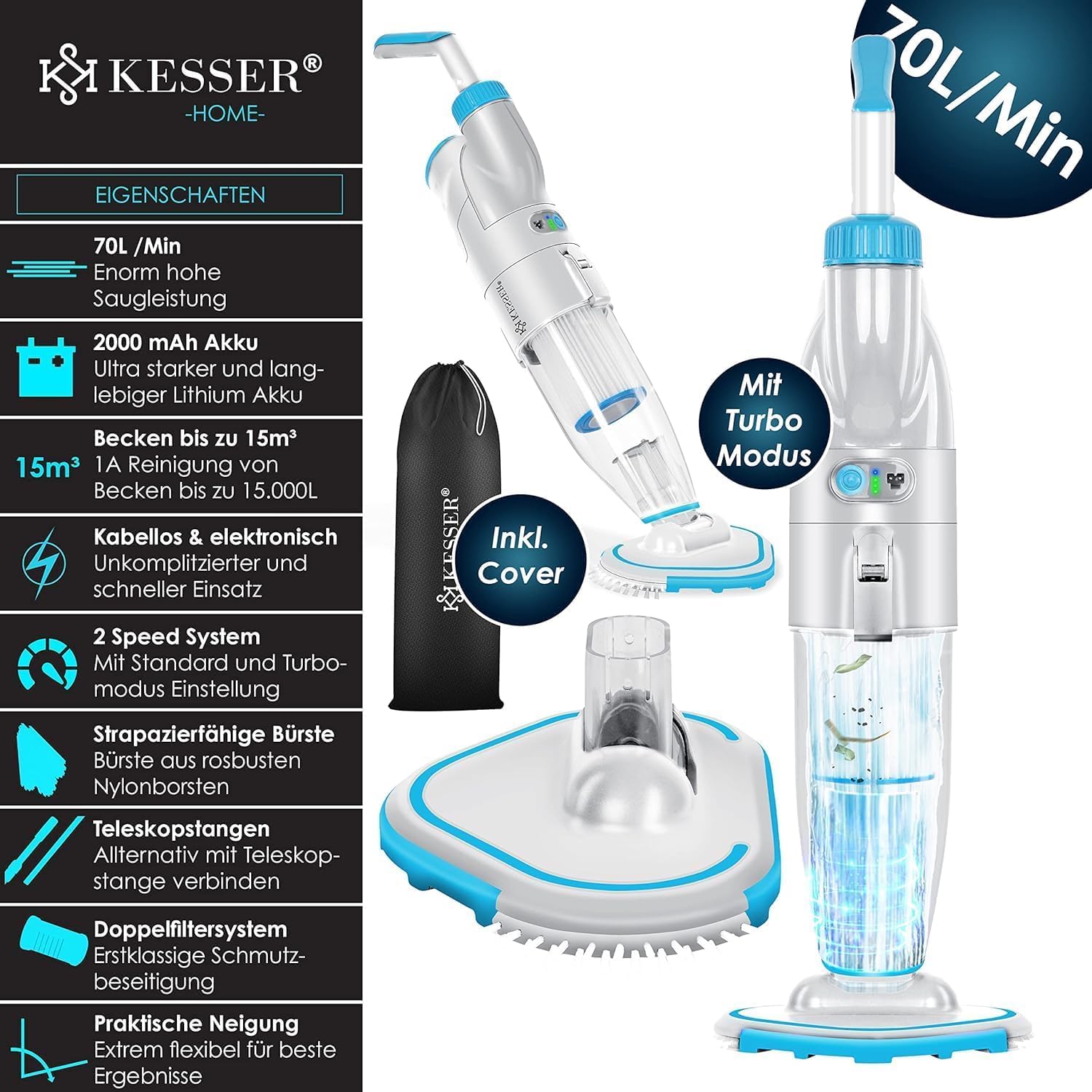 KESSER® Aspiratore per piscina con batteria | aspiratore elettrico per piscina | Pulitore per piscina con filtro e sistema a 2 velocità | Set di pulizia senza fili fino a 15 m³, con copertura