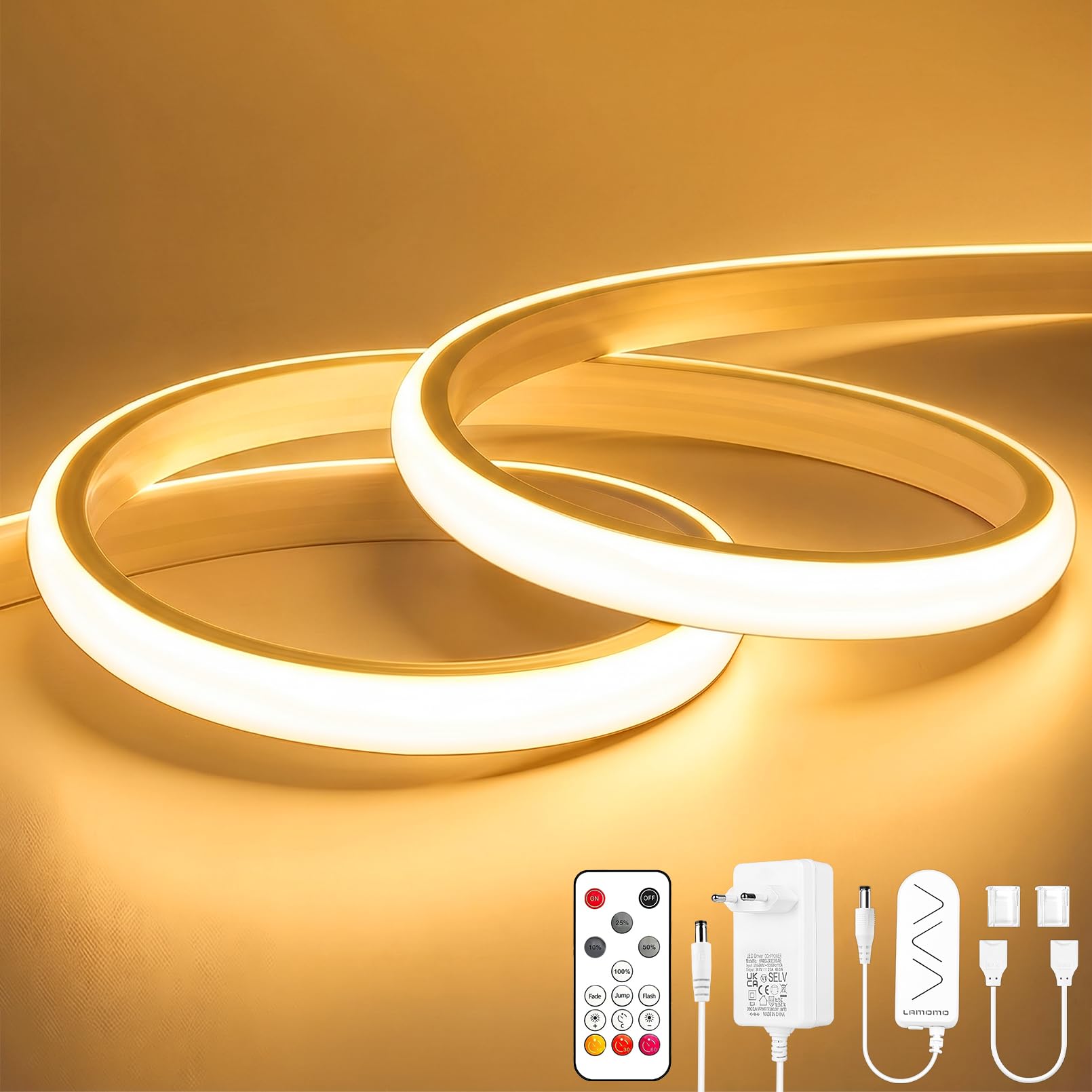 Striscia LED COB, luce bianca calda, dimmerabile, 10 m, con telecomando, 3000 K, autoadesiva, impermeabile, larghezza 10 mm, in silicone, flessibile, per TV, camera da letto, CRI90+